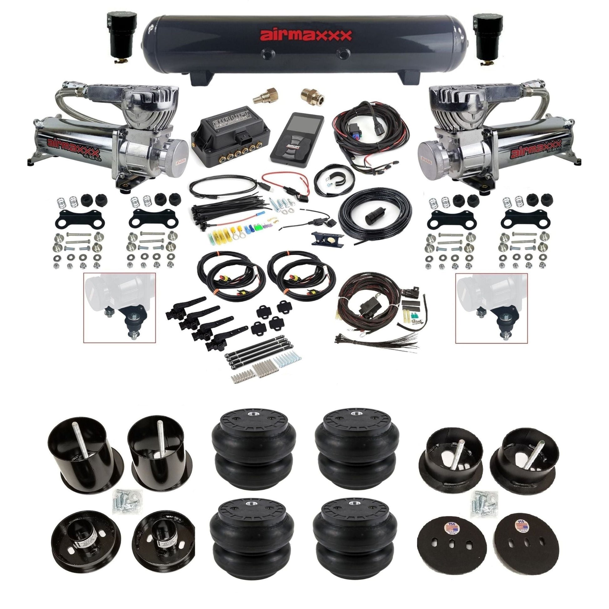 air lift 3h 27695 air ride kit w/dual 580 chrome compressors steel tanks & slam bags w/airmaxxx brackets for 1963-64 cadillac KCAD63-580C2-57S-27695-WK-3P2SS7