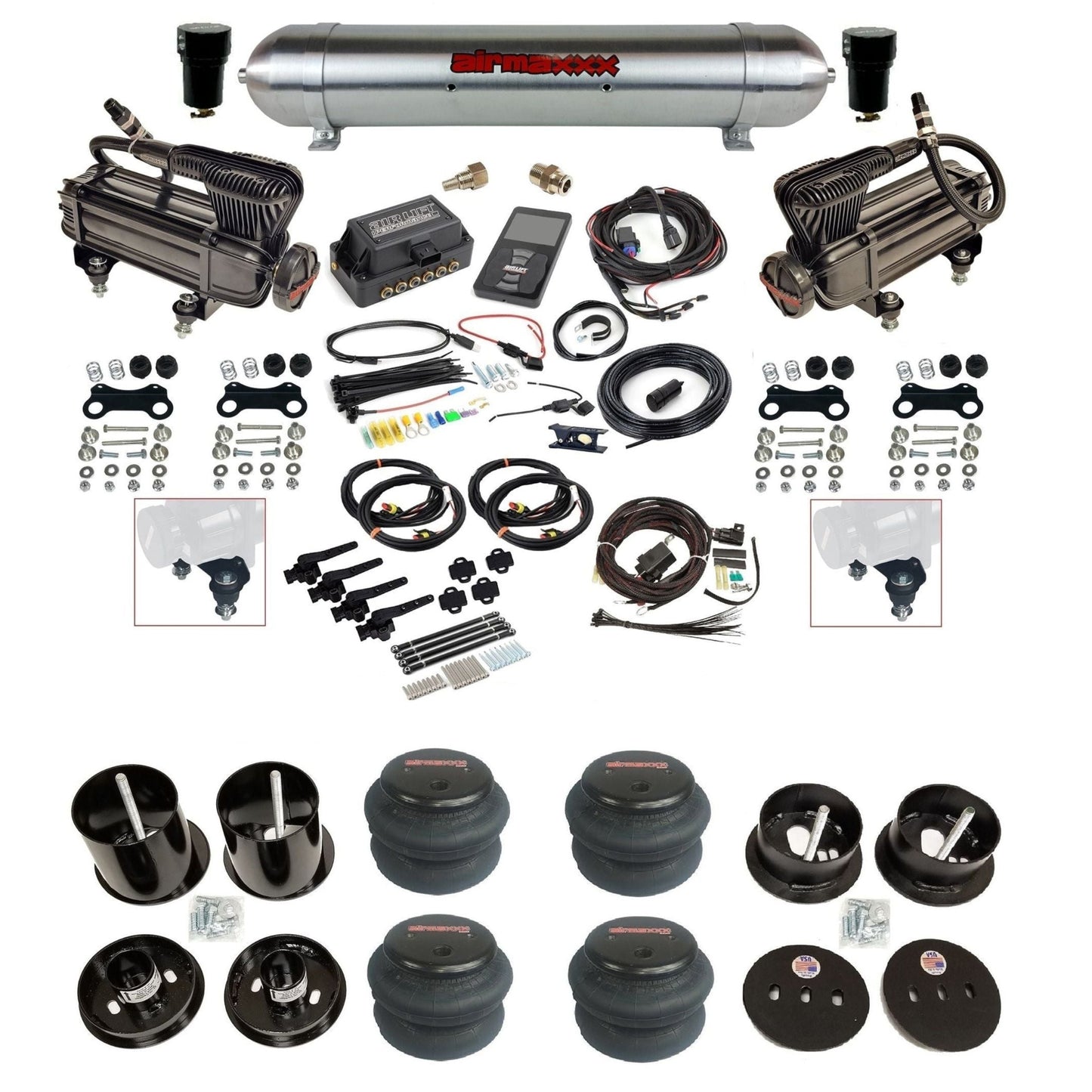 air lift 3h 27695 air ride kit w/dual X-series compressors raw aluminum tanks & 2600 bags w/airmaxxx brackets for 1963-64 cadillac KCAD63-XB2-57ARW-27695-WK-3P2