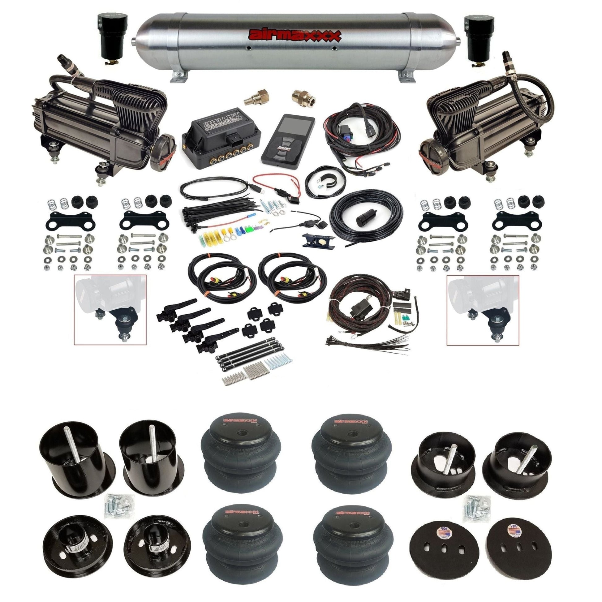 air lift 3h 27695 air ride kit w/dual X-series compressors raw aluminum tanks & 2600 bags w/airmaxxx brackets for 1963-64 cadillac KCAD63-XB2-57ARW-27695-WK-3P2