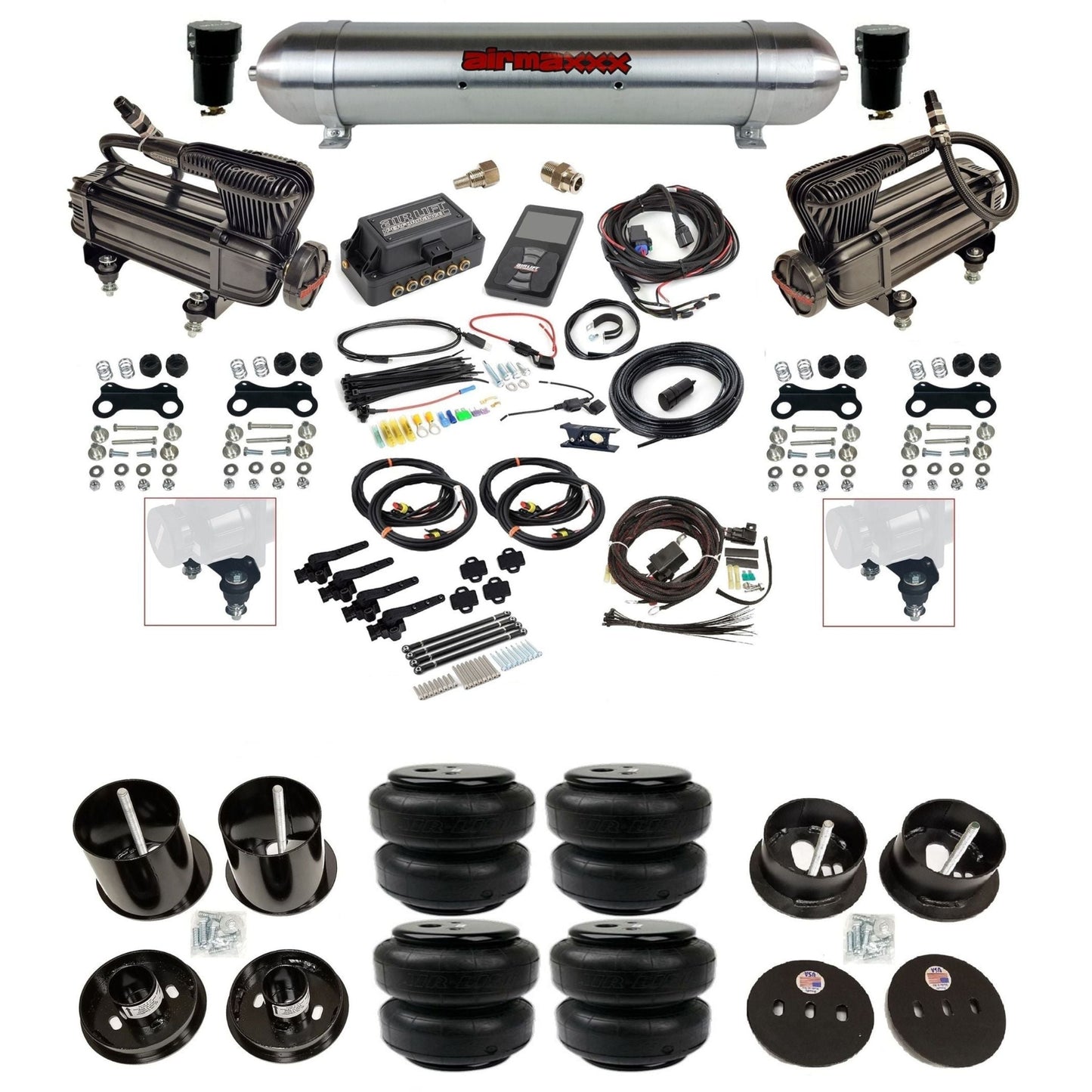 air lift 3h 27695 air ride kit w/dual X-series compressors raw aluminum tanks & airlift bags w/airmaxxx brackets for 1963-64 cadillac KCAD63-XB2-57ARW-27695-WK-3P2D25