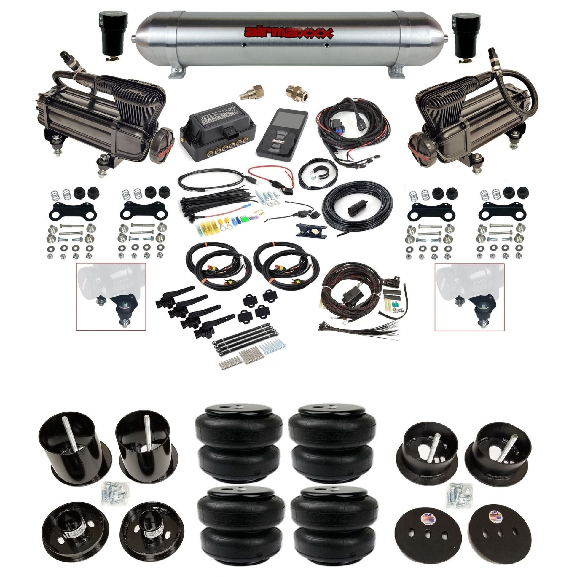 air lift 3h 27695 air ride kit w/dual X-series compressors raw aluminum tanks & airlift bags w/airmaxxx brackets for 1963-64 cadillac KCAD63-XB2-57ARW-27695-WK-3P2D25