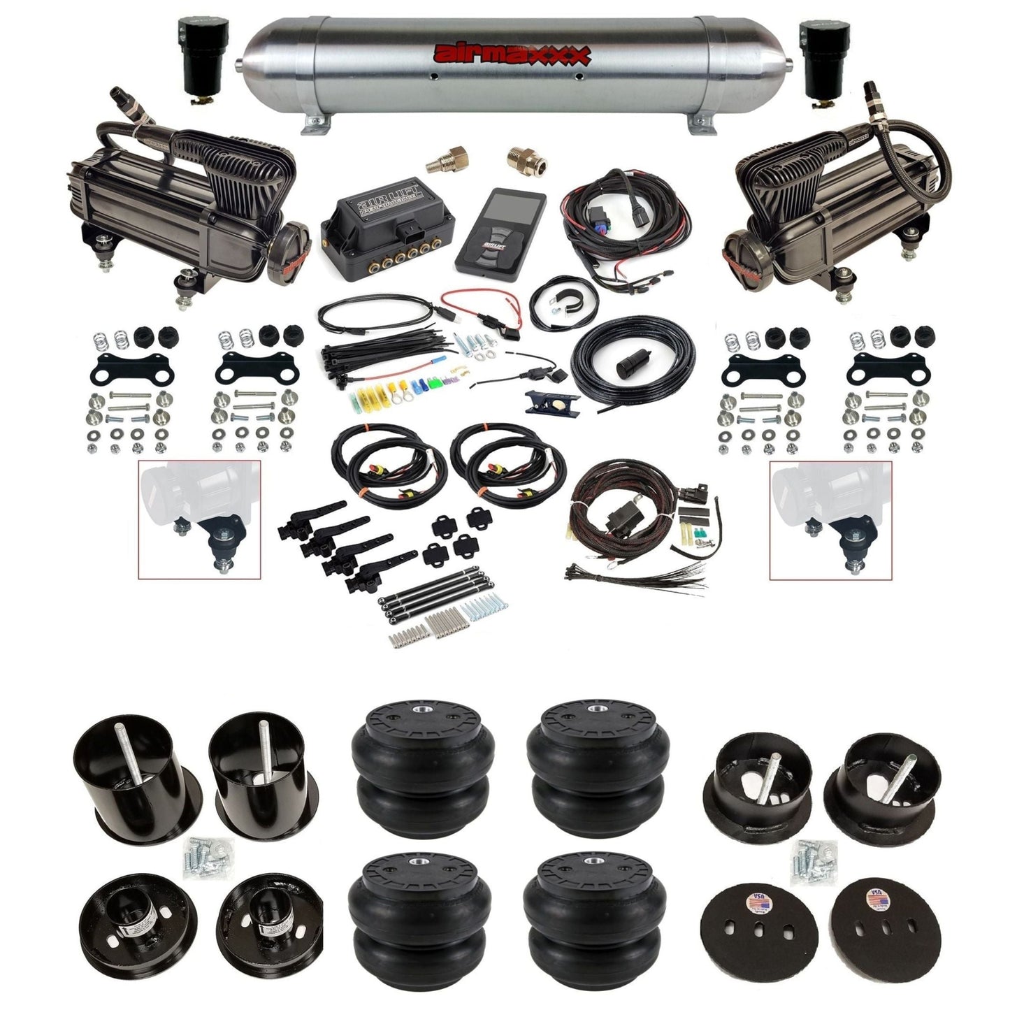 air lift 3h 27695 air ride kit w/dual X-series compressors raw aluminum tanks & slam bags w/airmaxxx brackets for 1963-64 cadillac KCAD63-XB2-57ARW-27695-WK-3P2SS7