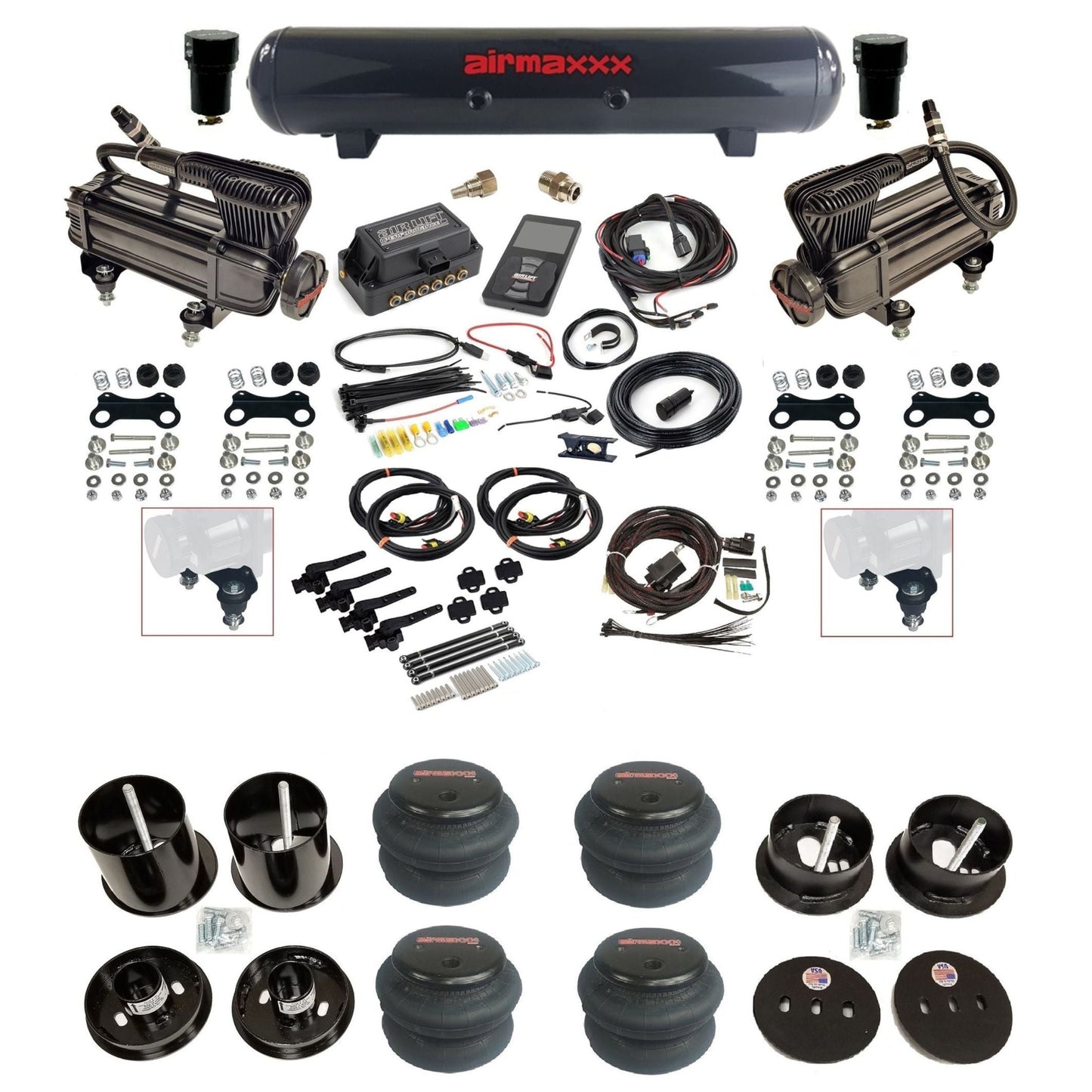 air lift 3h 27695 air ride kit w/dual X-series compressors steel tanks & 2600 bags w/airmaxxx brackets for 1963-64 cadillac KCAD63-XB2-57S-27695-WK-3P2