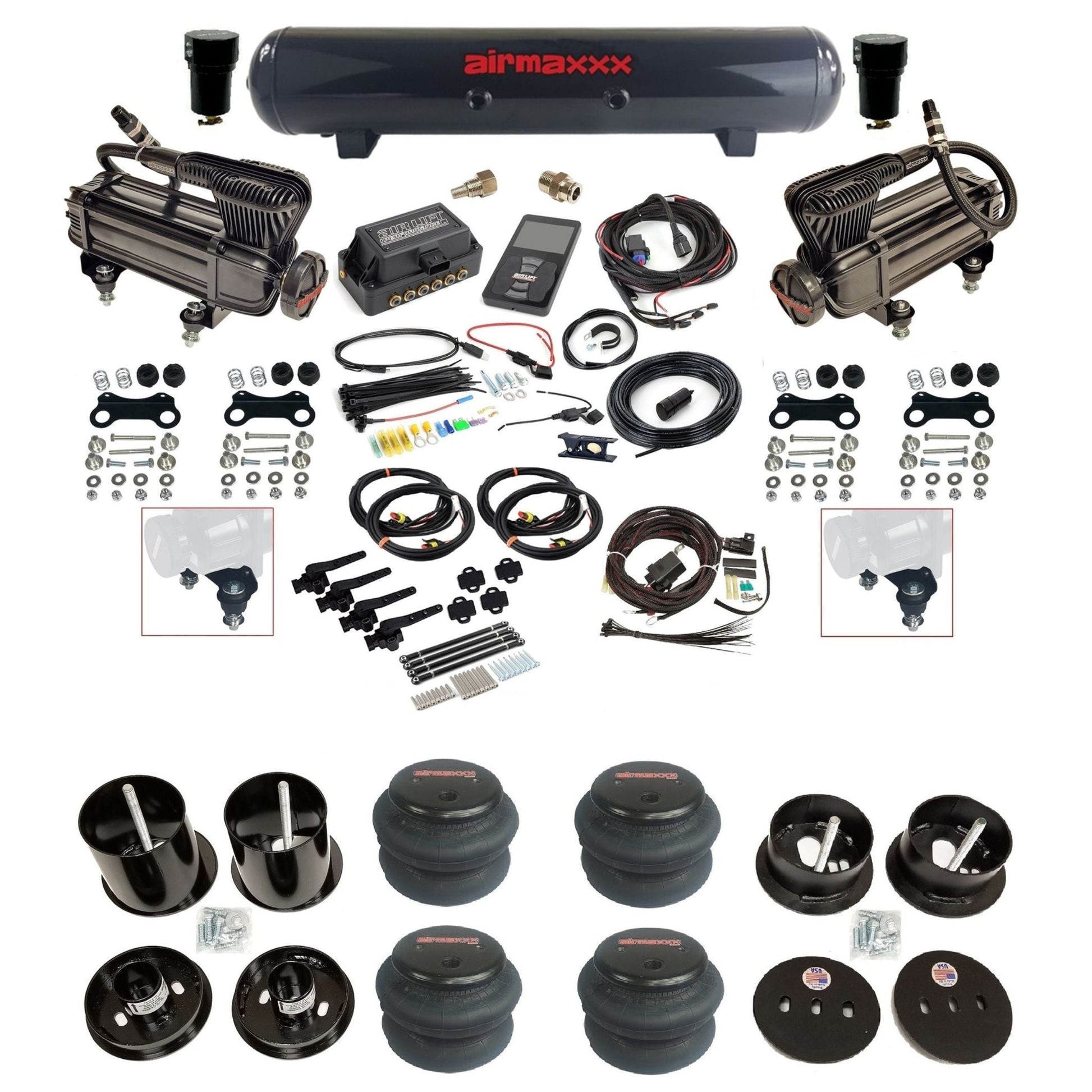 air lift 3h 27695 air ride kit w/dual X-series compressors steel tanks & 2600 bags w/airmaxxx brackets for 1963-64 cadillac KCAD63-XB2-57S-27695-WK-3P2