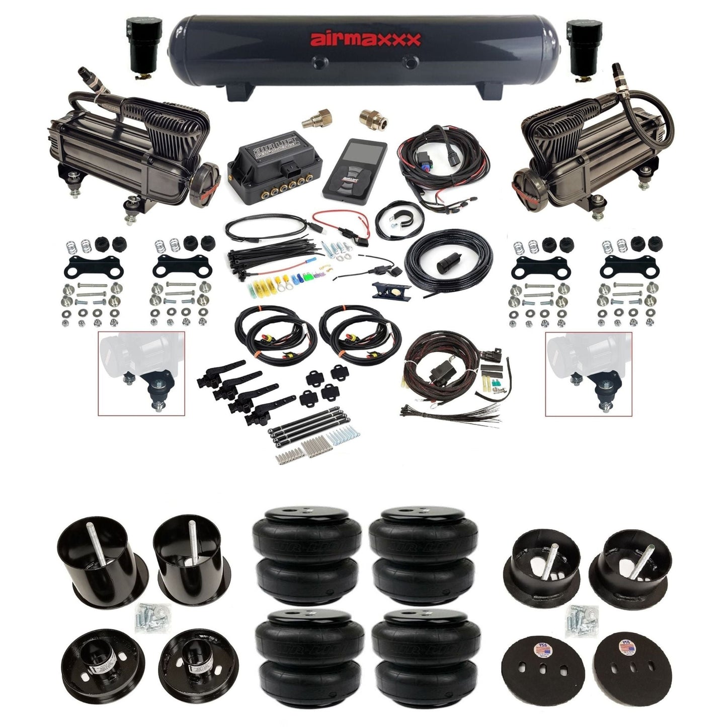 air lift 3h 27695 air ride kit w/dual X-series compressors steel tanks & airlift bags w/airmaxxx brackets for 1963-64 cadillac KCAD63-XB2-57S-27695-WK-3P2D25