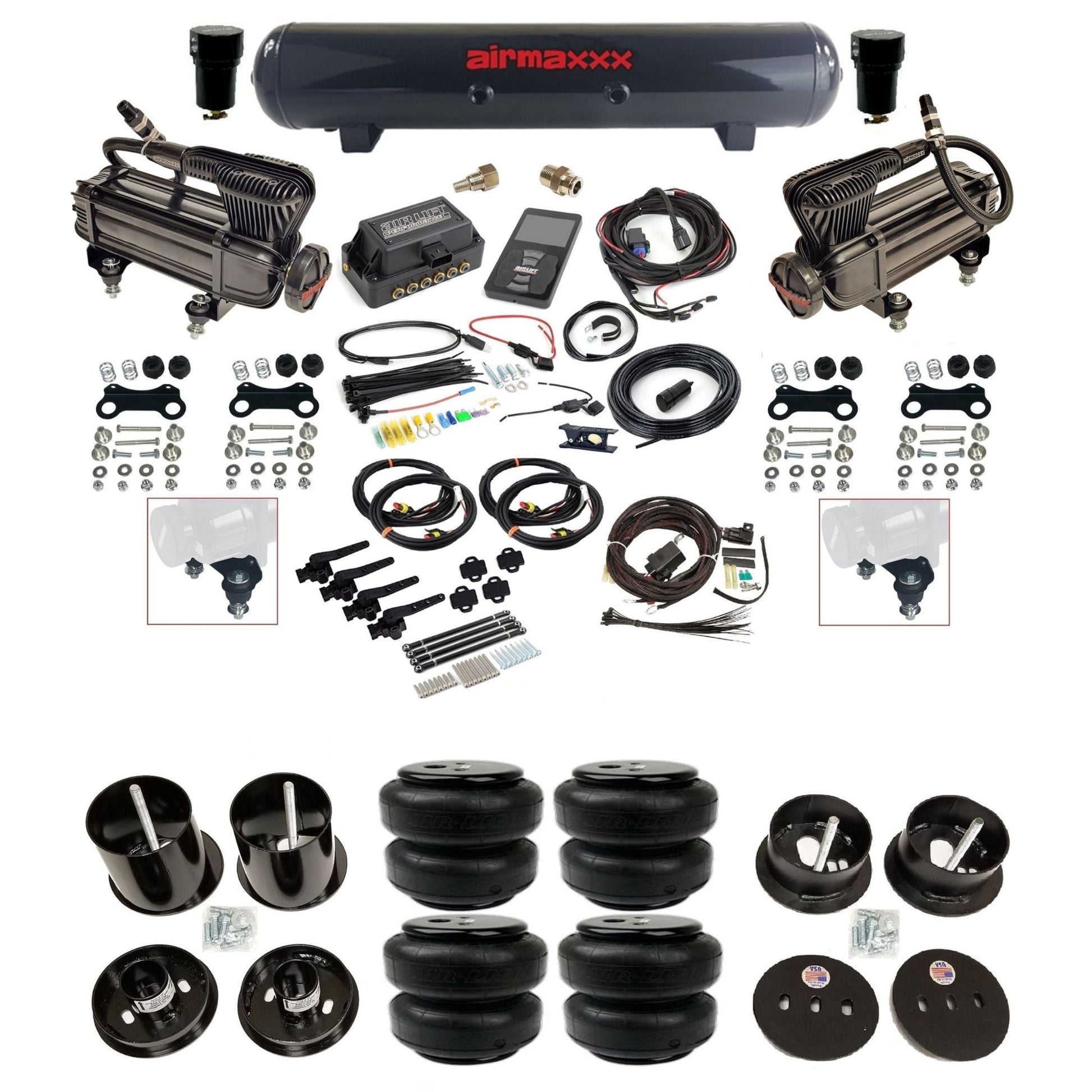 air lift 3h 27695 air ride kit w/dual X-series compressors steel tanks & airlift bags w/airmaxxx brackets for 1963-64 cadillac KCAD63-XB2-57S-27695-WK-3P2D25