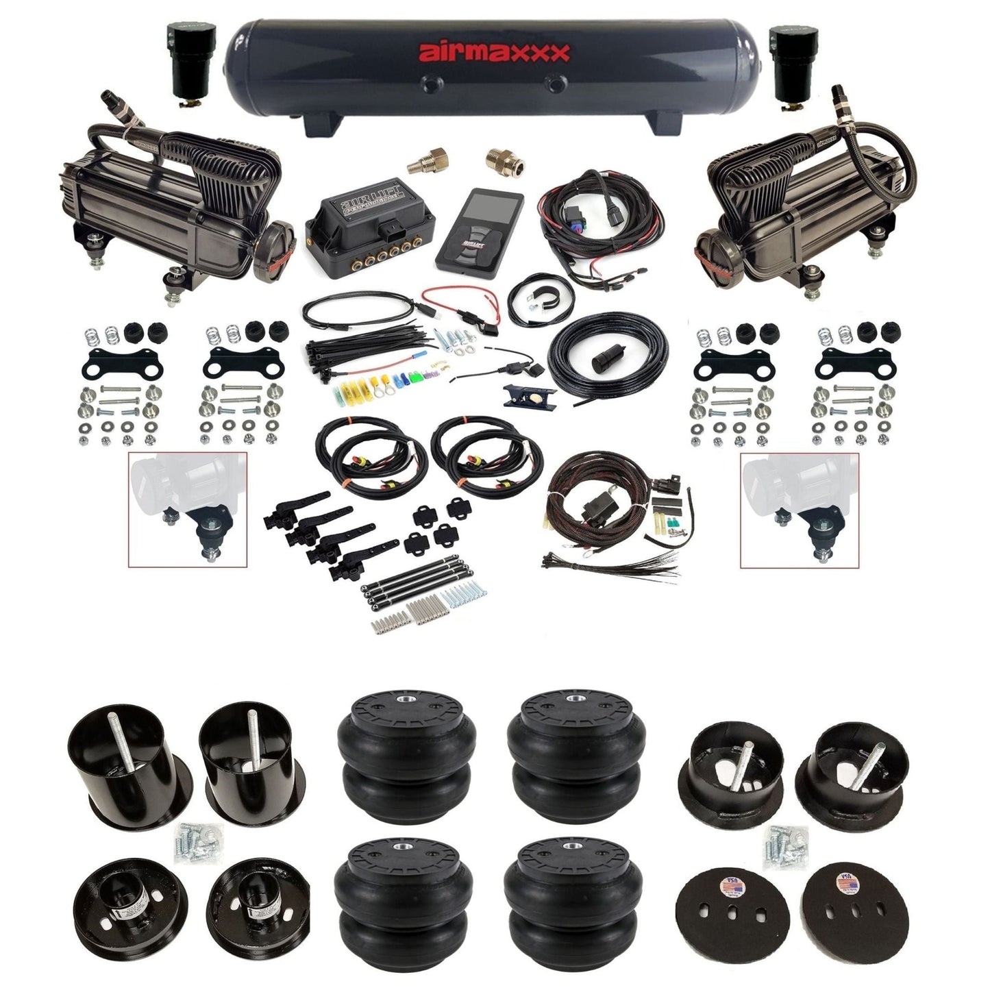 air lift 3h 27695 air ride kit w/dual X-series compressors steel tanks & slam bags w/airmaxxx brackets for 1963-64 cadillac KCAD63-XB2-57S-27695-WK-3P2SS7