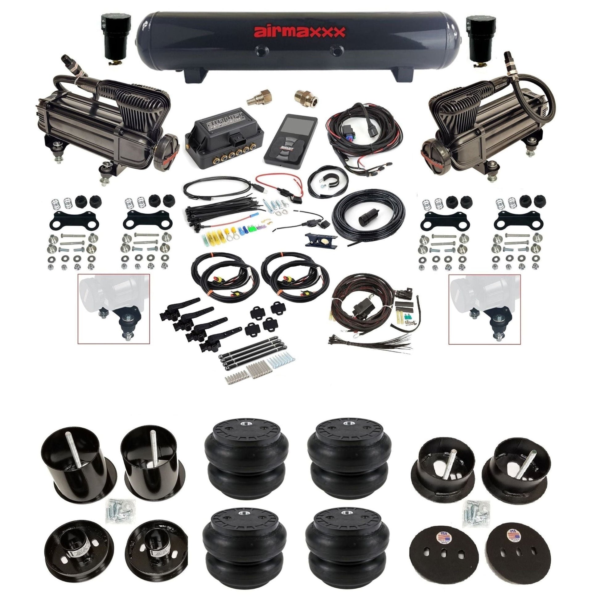 air lift 3h 27695 air ride kit w/dual X-series compressors steel tanks & slam bags w/airmaxxx brackets for 1963-64 cadillac KCAD63-XB2-57S-27695-WK-3P2SS7