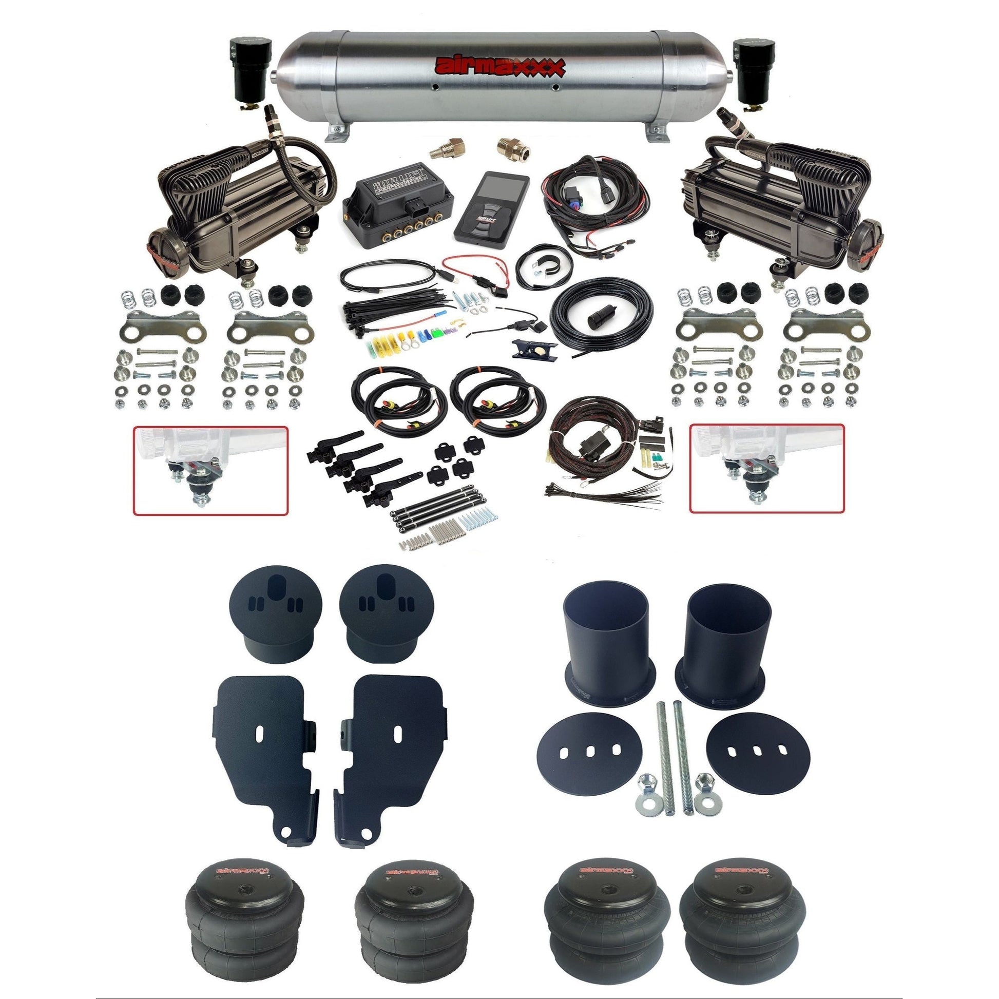 air lift 3h 27695 air ride kit with X-series  compressors raw aluminum tank 2600 bags & airmaxxx bolt on brackets fits 1965-70 impala KIMP65-XB2-57ARW-27695-WK-3P2