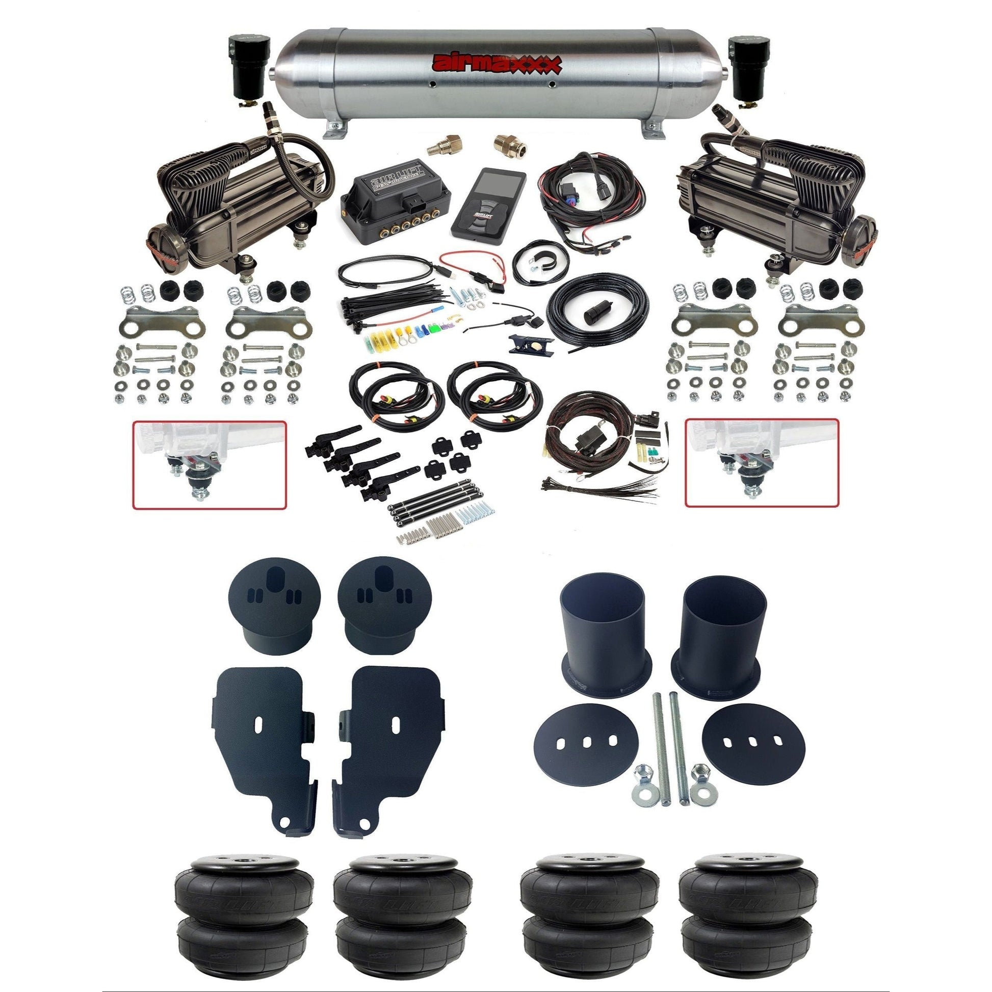 air lift 3h 27695 air ride kit with X-series  compressors raw aluminum tank airlift  bags & airmaxxx bolt on brackets fits 1965-70 impala KIMP65-XB2-57ARW-27695-WK-3P2D25