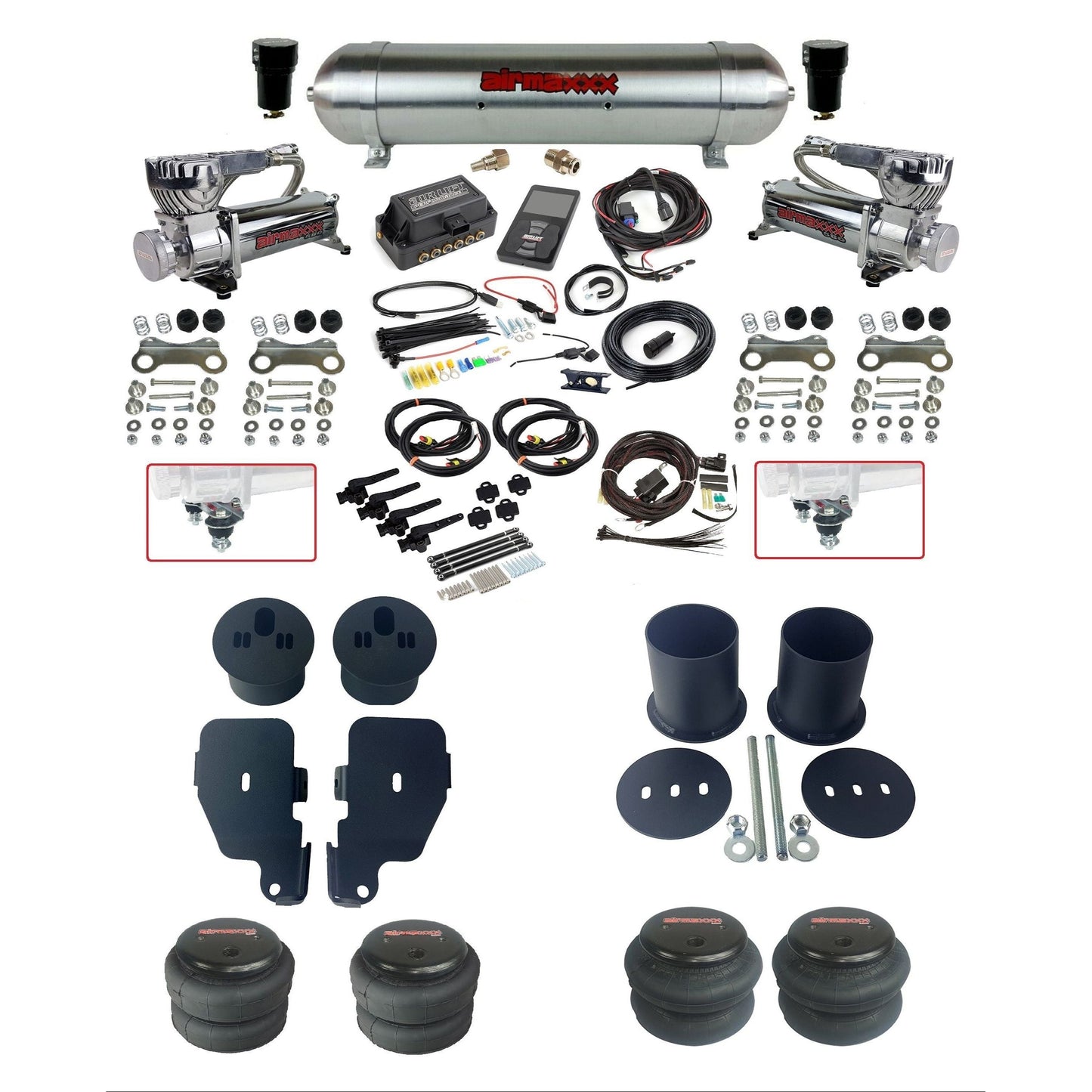 air lift 3h 27695 air ride kit with chrome 580 compressors raw aluminum tank 2600 bags & airmaxxx bolt on brackets fits 1965-70 impala KIMP65-580C2-57ARAW-27695-WK-3P2
