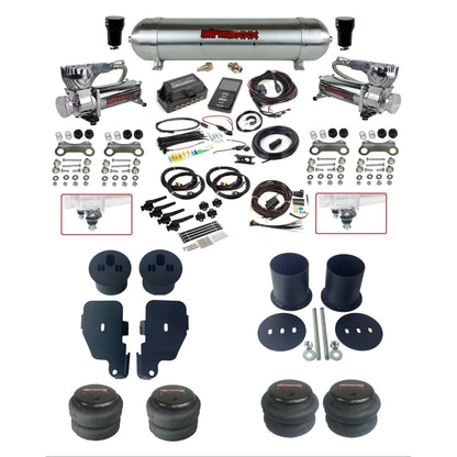 air lift 3h 27695 air ride kit with chrome 580 compressors raw aluminum tank 2600 bags & airmaxxx bolt on brackets fits 1965-70 impala KIMP65-580C2-57ARAW-27695-WK-3P2