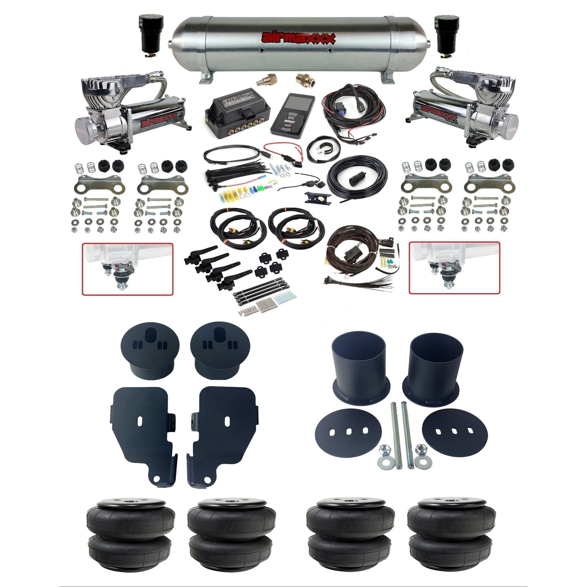 air lift 3h 27695 air ride kit with chrome 580 compressors raw aluminum tank Airlift bags & airmaxxx bolt on brackets fits 1965-70 impala KIMP65-580C2-57ARAW-27695-WK-3P2D25
