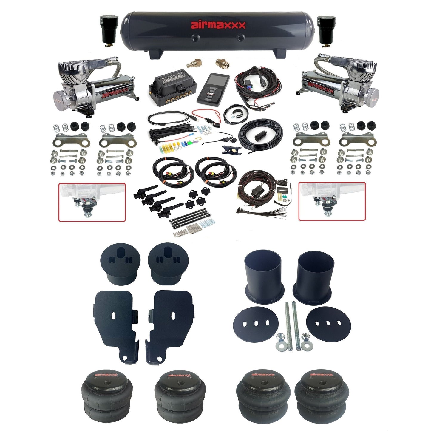 air lift 3h 27695 air ride kit with chrome 580 compressors steel tank 2600 bags & airmaxxx bolt on brackets fits 1965-70 impala KIMP65-580C2-57S-27695-WK-3P2