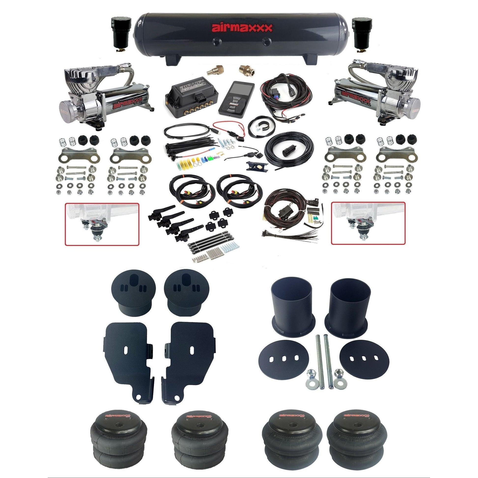 air lift 3h 27695 air ride kit with chrome 580 compressors steel tank 2600 bags & airmaxxx bolt on brackets fits 1965-70 impala KIMP65-580C2-57S-27695-WK-3P2