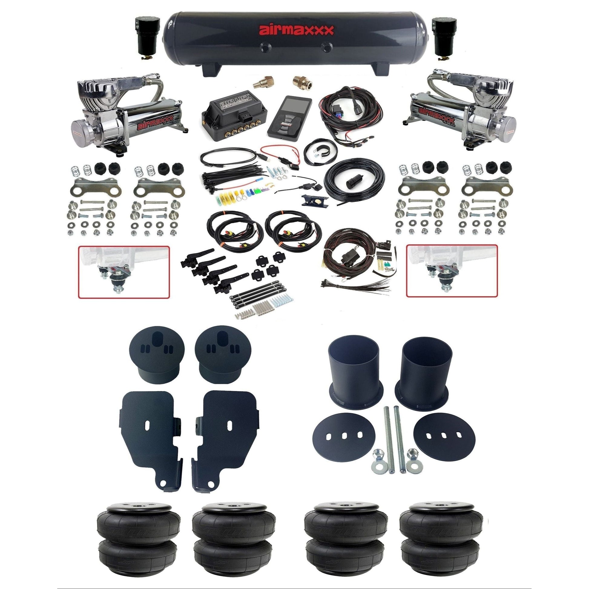 air lift 3h 27695 air ride kit with chrome 580 compressors steel tank Airlift bags & airmaxxx bolt on brackets fits 1965-70 impala KIMP65-580C2-57S-27695-WK-3P2D25