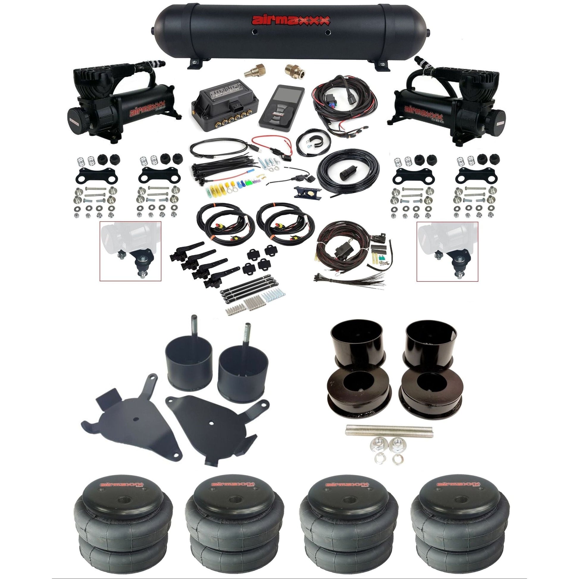 air lift 3h 27695 dual 580 black compressors aluminum tank 2500 bags & airmaxxx brackets air ride kit for 1978-88 gm g-body K-GBODY-580B2-27695-57ABK-WK-3P2