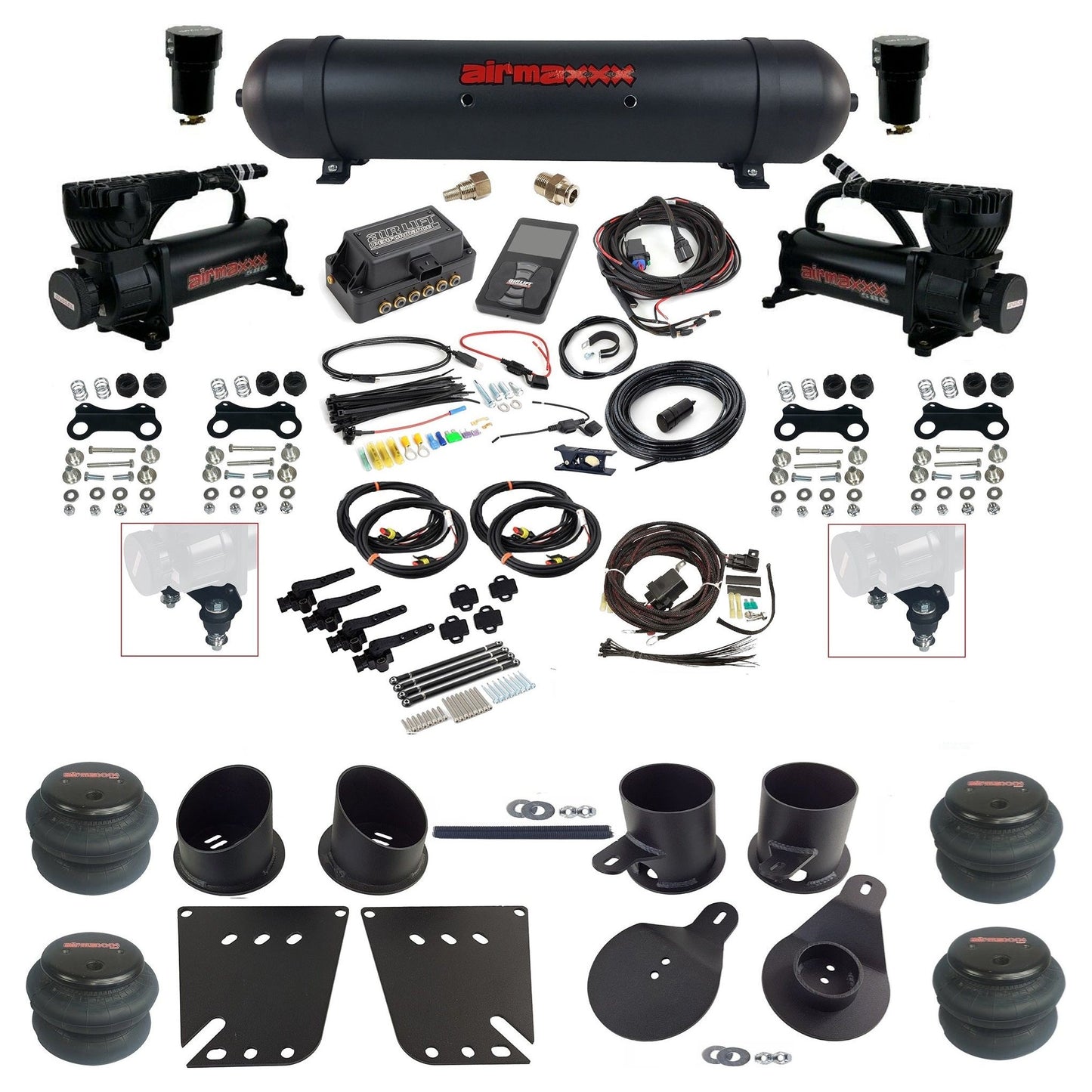 air lift 3h 27695 dual 580 black compressors aluminum tank 2600 bags & airmaxxx brackets air ride kit for 1958-64 chevy impala KIMP58-580B2-57ABLK-27695-WK-3P2