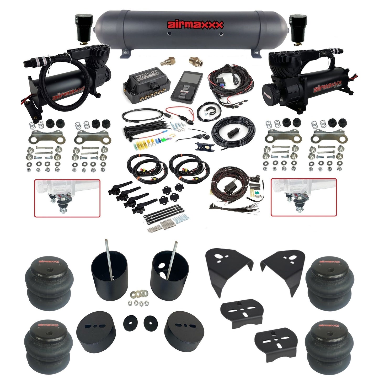 air lift 3h 27695 dual 580 black compressors aluminum tank 2600 bags & airmaxxx brackets air ride kit for 1999-06 chevy silverado KGM99-580B2-57ABK-27695-WK-3P2