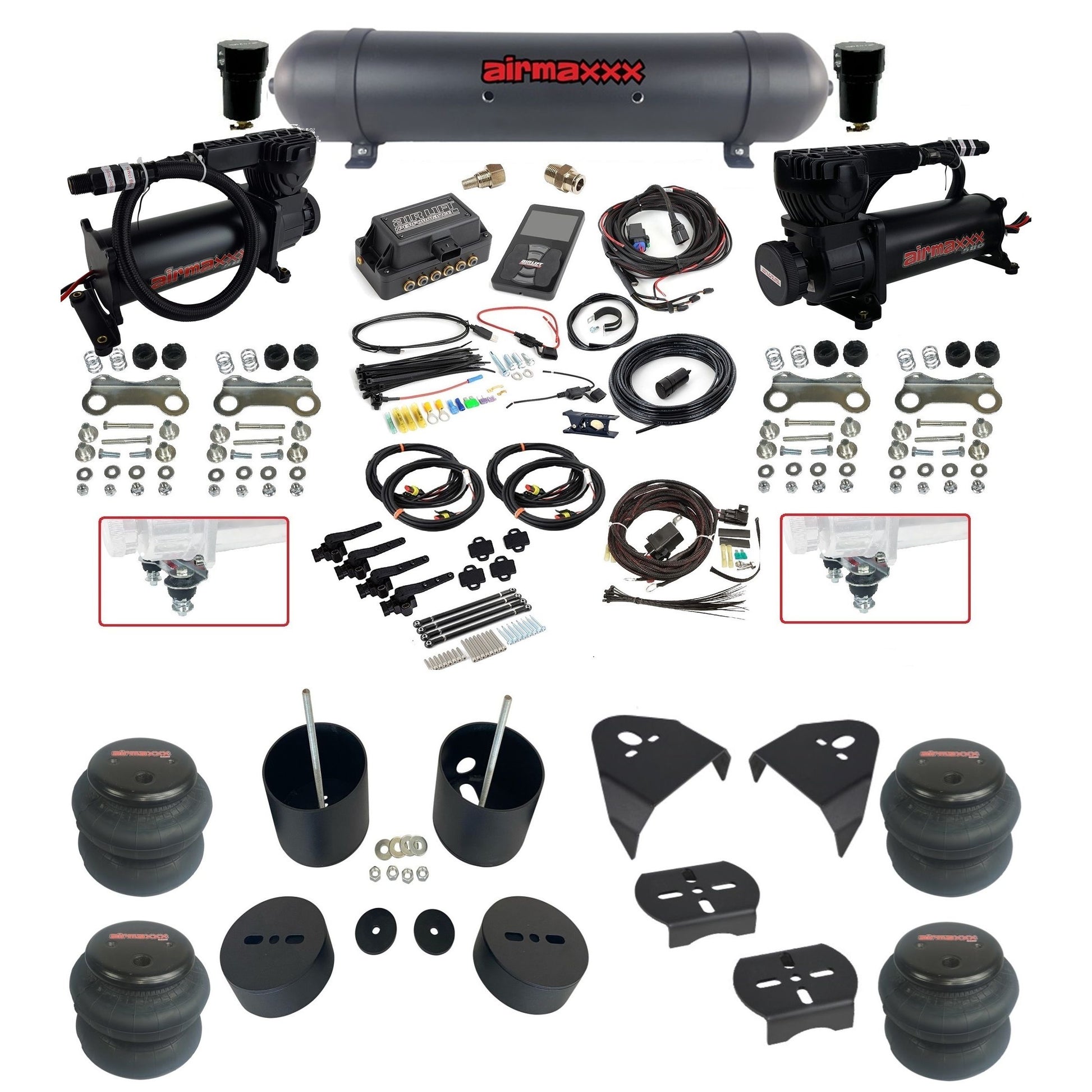 air lift 3h 27695 dual 580 black compressors aluminum tank 2600 bags & airmaxxx brackets air ride kit for 1999-06 chevy silverado KGM99-580B2-57ABK-27695-WK-3P2