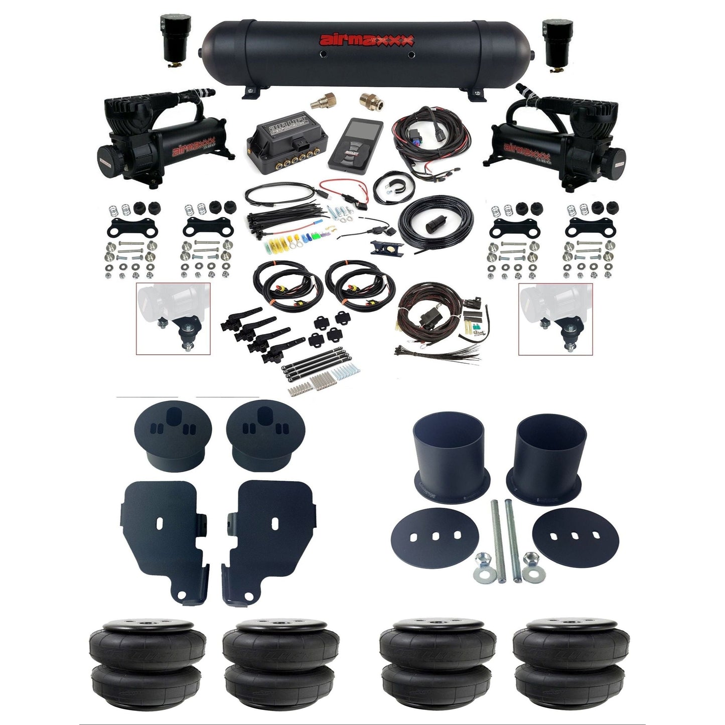 air lift 3h 27695 dual 580 black compressors aluminum tank airlift bags & airmaxxx brackets air ride kit for 1965-70 chevy impala KIMP65-580B2-57ABLK-27695-WK-3P2D25