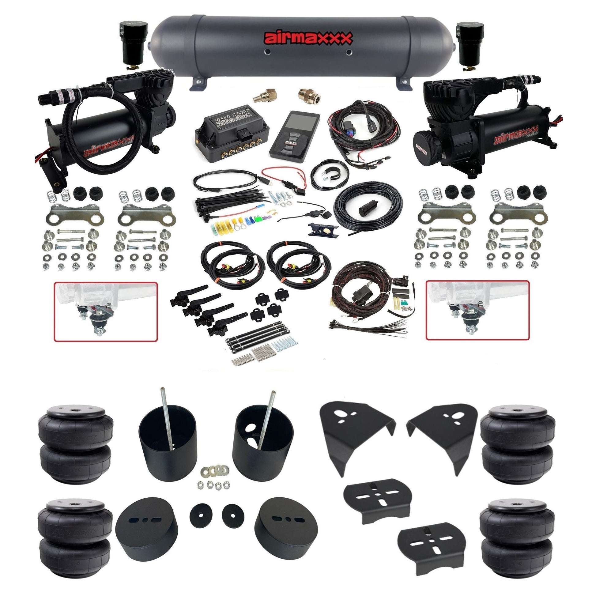 air lift 3h 27695 dual 580 black compressors aluminum tank airlift bags & airmaxxx brackets air ride kit for 1999-06 chevy silverado KGM99-580B2-57ABK-27695-WK-3P2D26