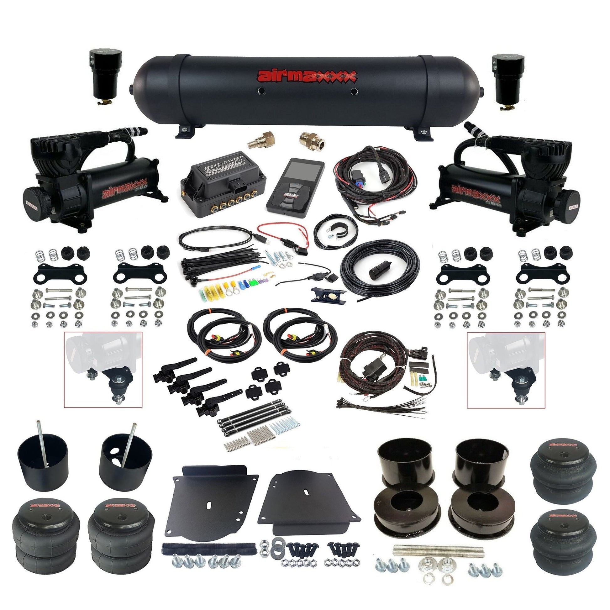 air lift 3h 27695 dual 580 black compressors aluminum tank bags & airmaxxx brackets air ride kit for 1964-72 gm a-body KABDY-580B2-57ABK-27695-WK-3P2