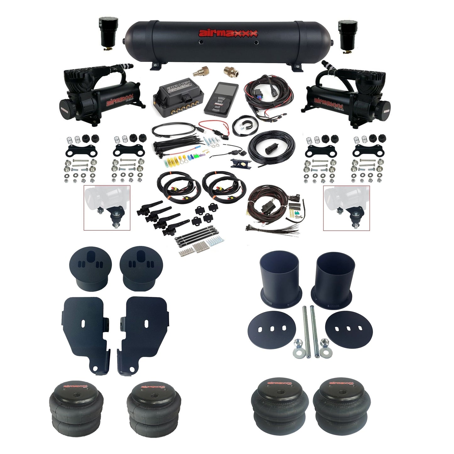 air lift 3h 27695 dual 580 black compressors aluminum tank bags & airmaxxx brackets air ride kit for 1965-70 chevy impala KIMP65-580B2-57ABLK-27695-WK-3P2