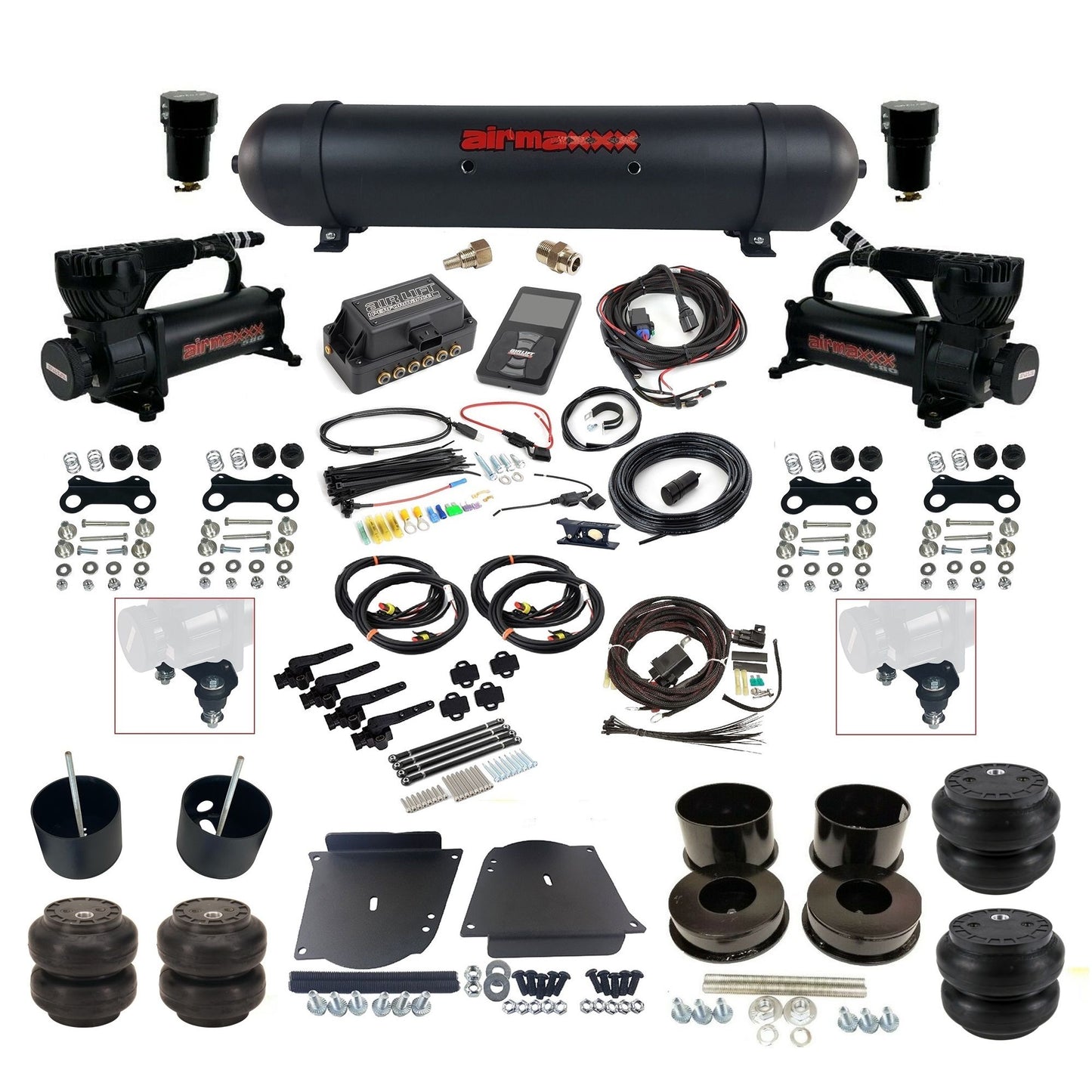 air lift 3h 27695 dual 580 black compressors aluminum tank slam bags & airmaxxx brackets air ride kit for 1964-72 gm a-body KABDY-580B2-57ABK-27695-WK-3P2SS6SS7