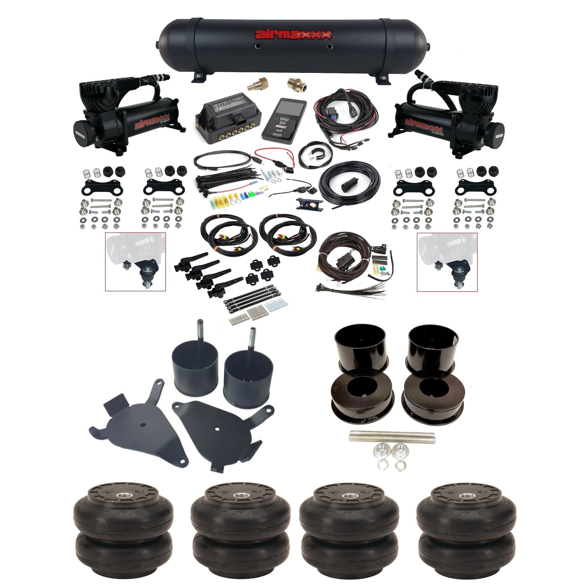 air lift 3h 27695 dual 580 black compressors aluminum tank slam bags & airmaxxx brackets air ride kit for 1978-88 gm g-body K-GBODY-580B2-27695-57ABK-WK-3P2SS6