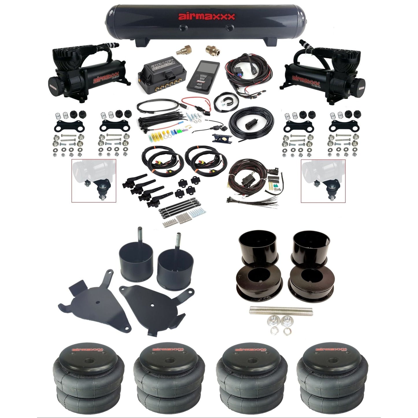 air lift 3h 27695 dual 580 black compressors steel tank 2500 bags & airmaxxx brackets air ride kit for 1978-88 gm g-body K-GBODY-580B2-27695-57S-WK-3P2