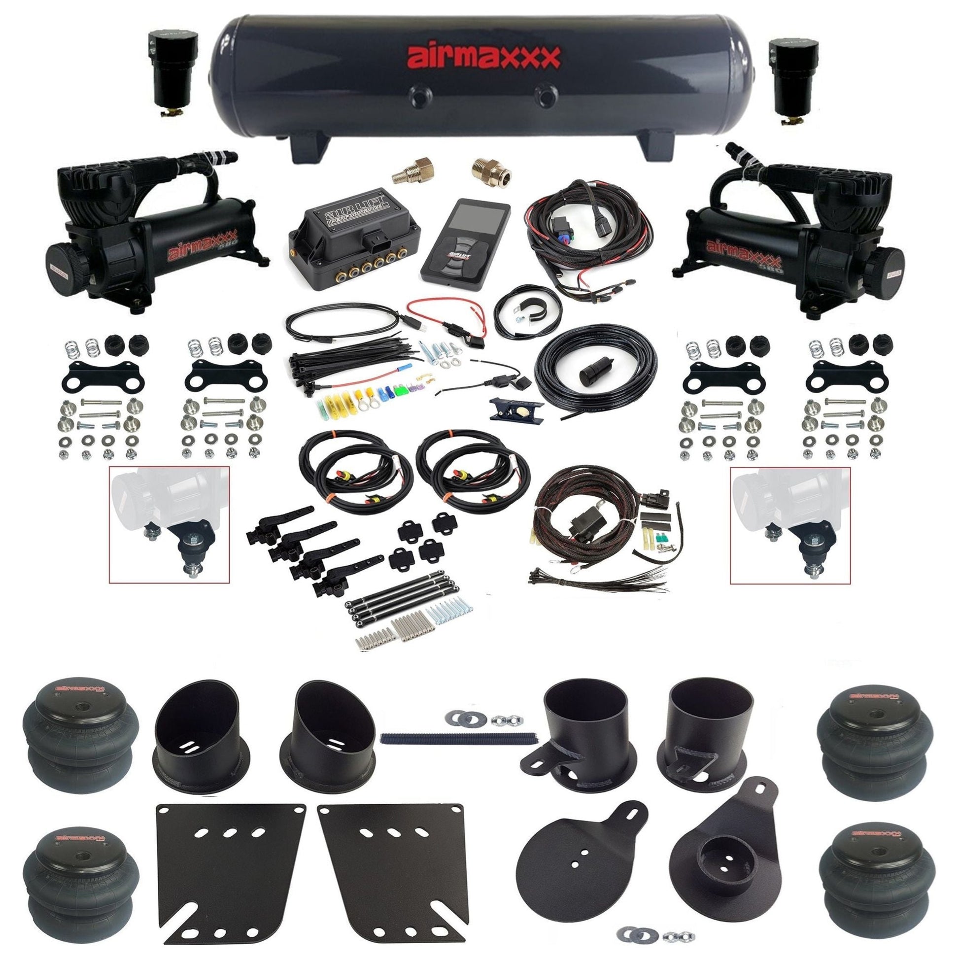 air lift 3h 27695 dual 580 black compressors steel tank 2600 bags & airmaxxx brackets air ride kit for 1958-64 chevy impala IMP58-580B2-57S-27695-WK-3P2