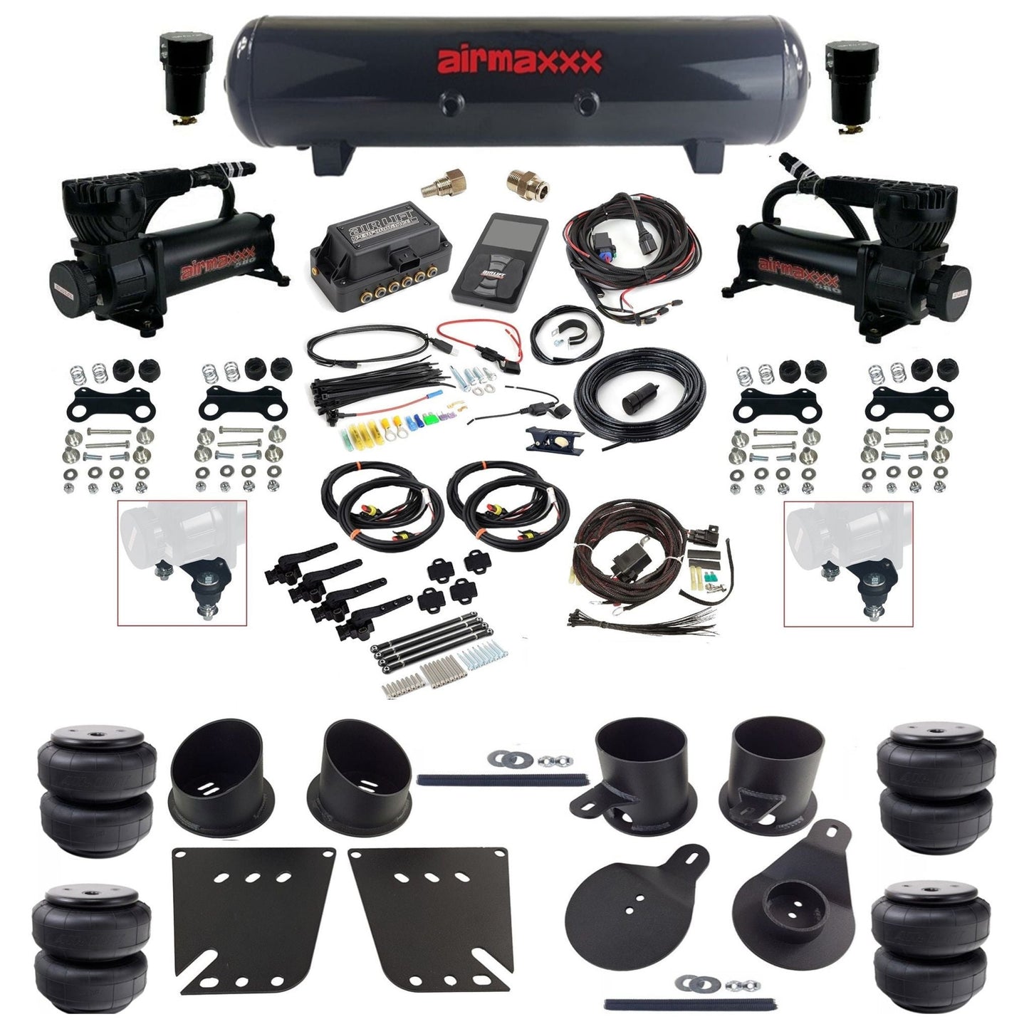 air lift 3h 27695 dual 580 black compressors steel tank airlift bags & airmaxxx brackets air ride kit for 1958-64 chevy impala KIMP58-580B2-57S-27695-WK-3P2D25