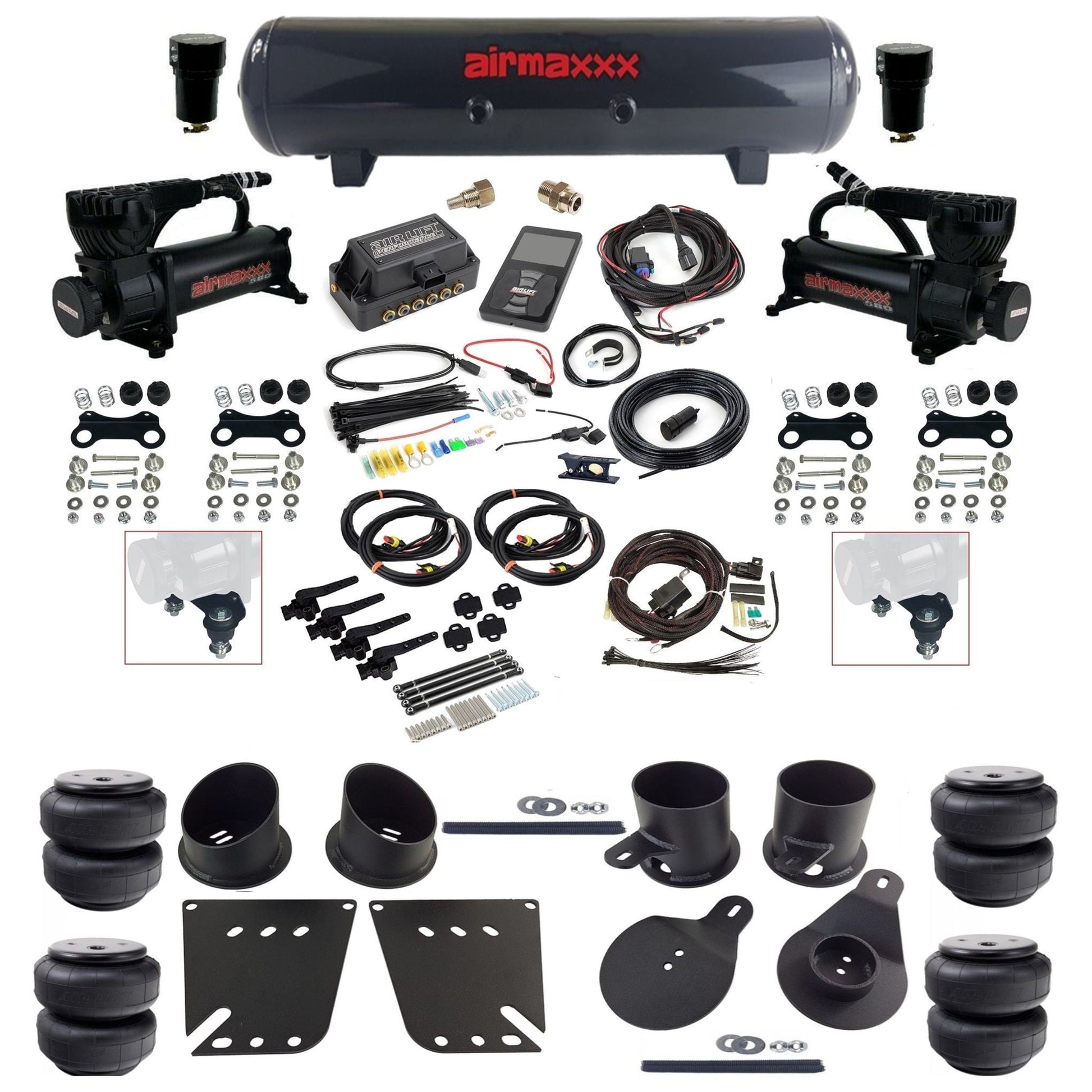 air lift 3h 27695 dual 580 black compressors steel tank airlift bags & airmaxxx brackets air ride kit for 1958-64 chevy impala KIMP58-580B2-57S-27695-WK-3P2D25