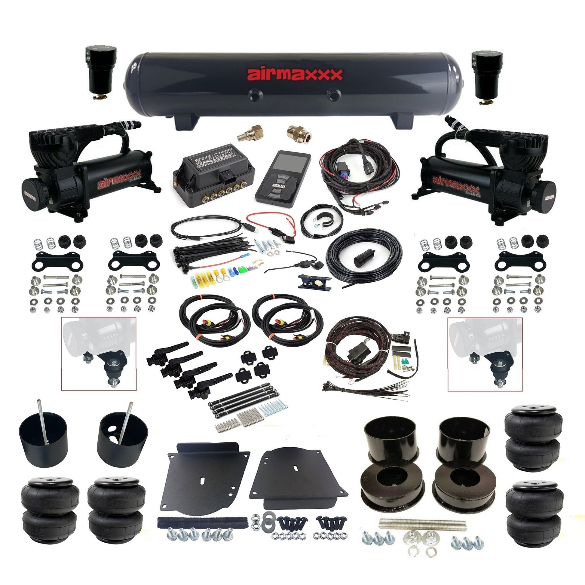 air lift 3h 27695 dual 580 black compressors steel tank airlift bags & airmaxxx brackets air ride kit for 1964-72 gm a-body KABDY-580B2-57S-27695-WK-3P2D25