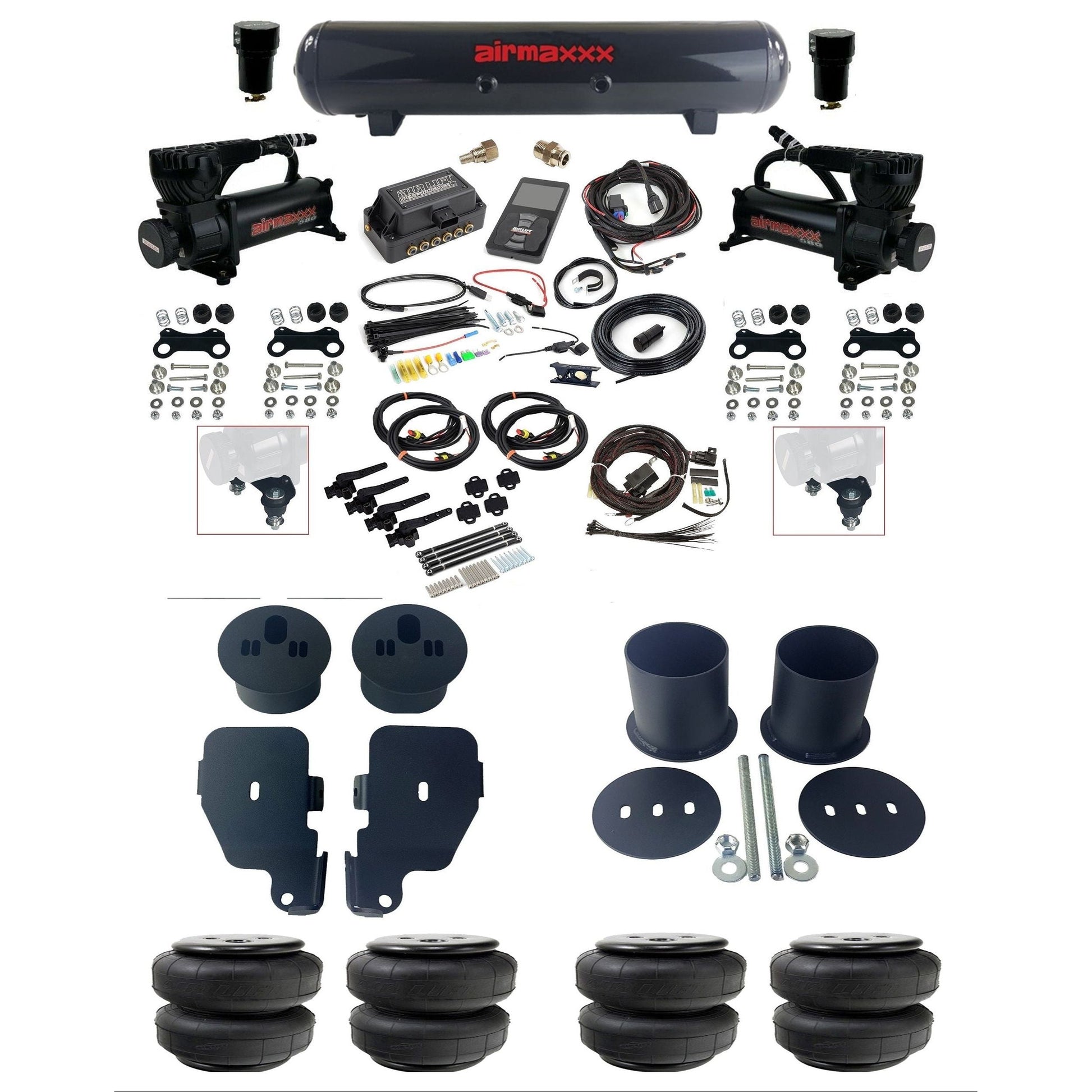 air lift 3h 27695 dual 580 black compressors steel tank airlift bags & airmaxxx brackets air ride kit for 1965-70 chevy impala KIMP65-580B2-57S-27695-WK-3P2D25