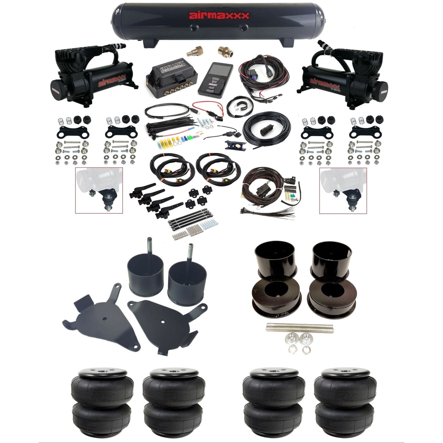 air lift 3h 27695 dual 580 black compressors steel tank airlift bags & airmaxxx brackets air ride kit for 1978-88 gm g-body K-GBODY-580B2-27695-57S-WK-3P2D25
