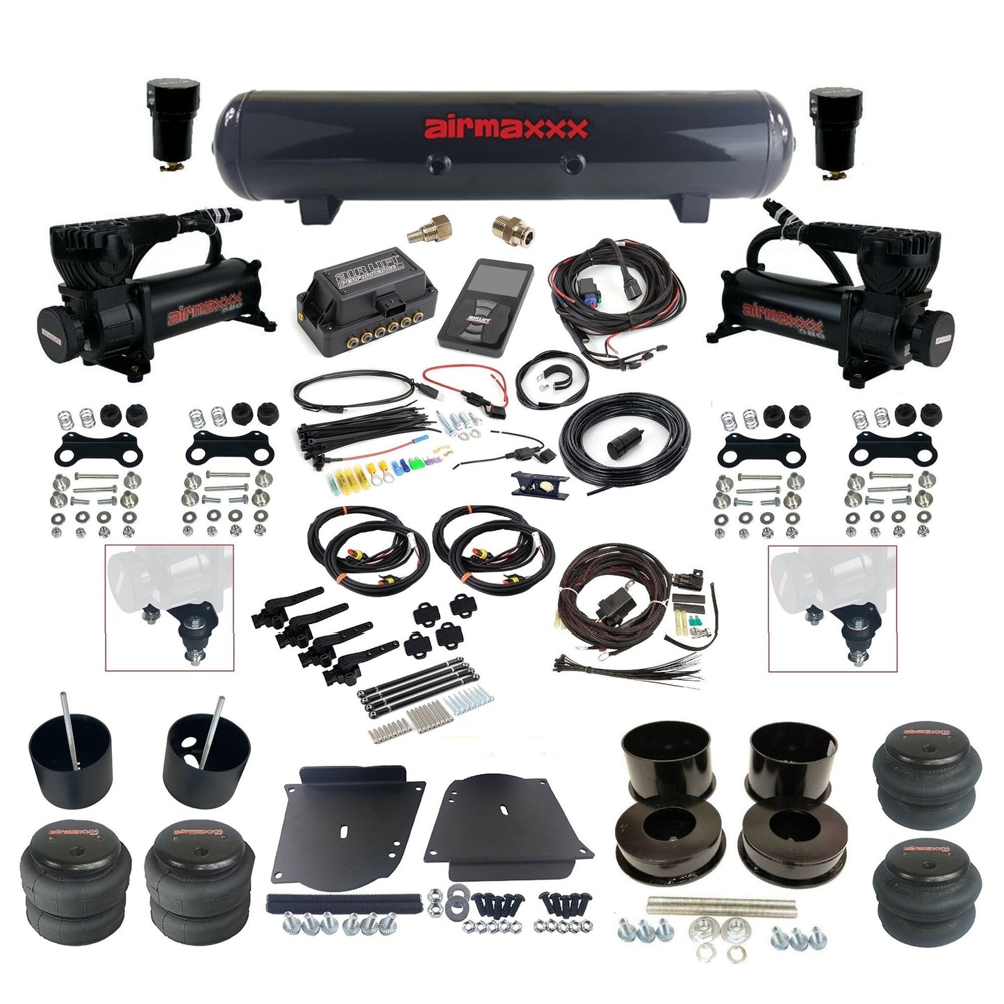 air lift 3h 27695 dual 580 black compressors steel tank bags & airmaxxx brackets air ride kit for 1964-72 gm a-body KABDY-580B2-57S-27695-WK-3P2