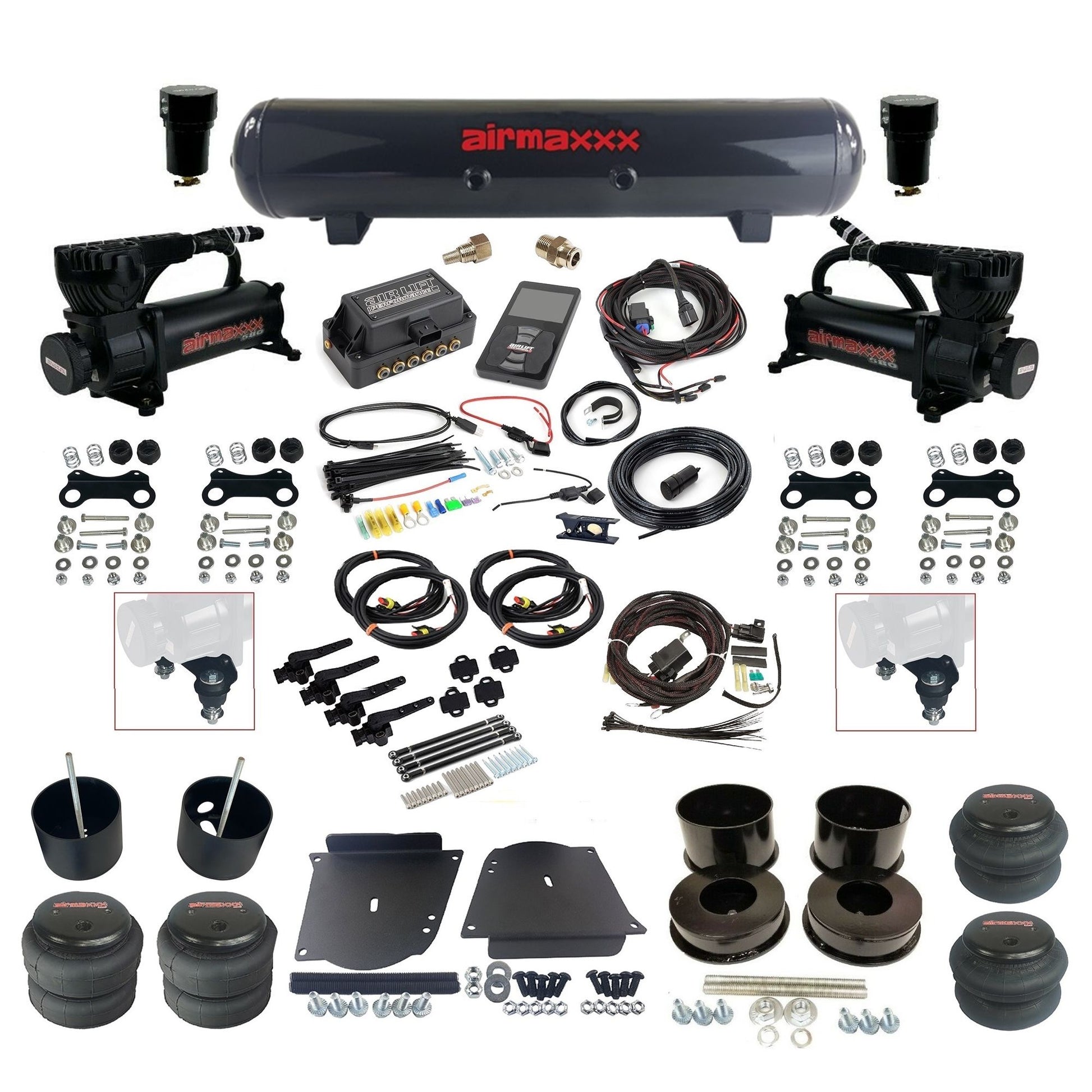 air lift 3h 27695 dual 580 black compressors steel tank bags & airmaxxx brackets air ride kit for 1964-72 gm a-body KABDY-580B2-57S-27695-WK-3P2