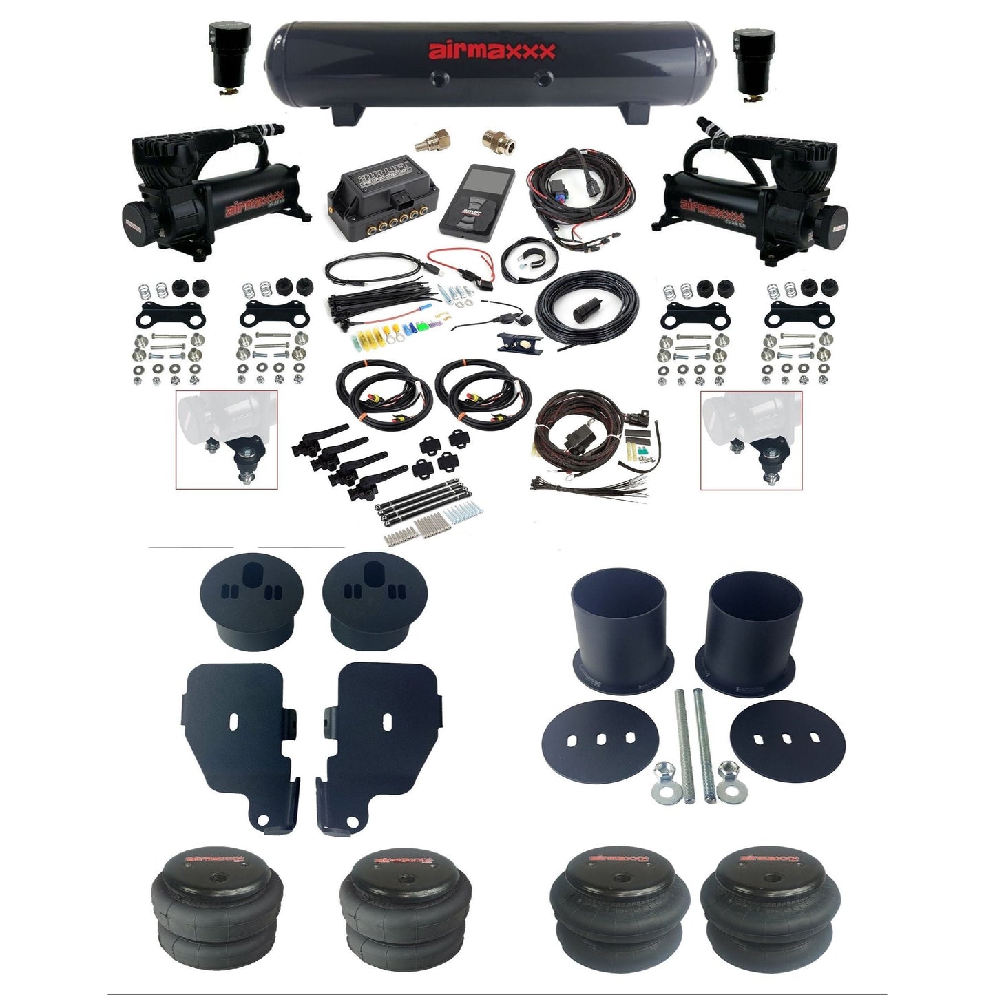 air lift 3h 27695 dual 580 black compressors steel tank bags & airmaxxx brackets air ride kit for 1965-70 chevy impala KIMP65-580B2-57S-27695-WK-3P2