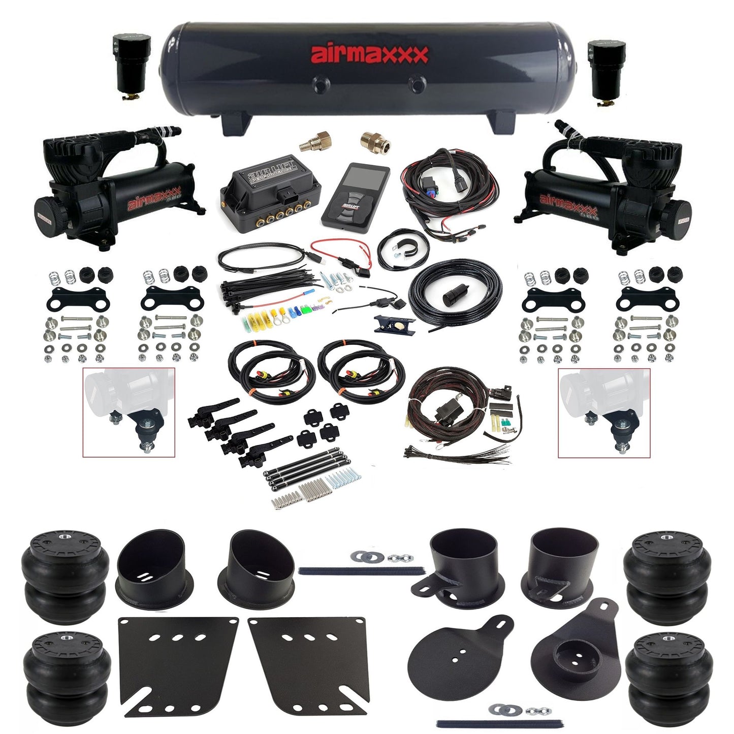 air lift 3h 27695 dual 580 black compressors steel tank slam bags & airmaxxx brackets air ride kit for 1958-64 chevy impala KIMP58-580B2-57S-27695-WK-3P2SS7