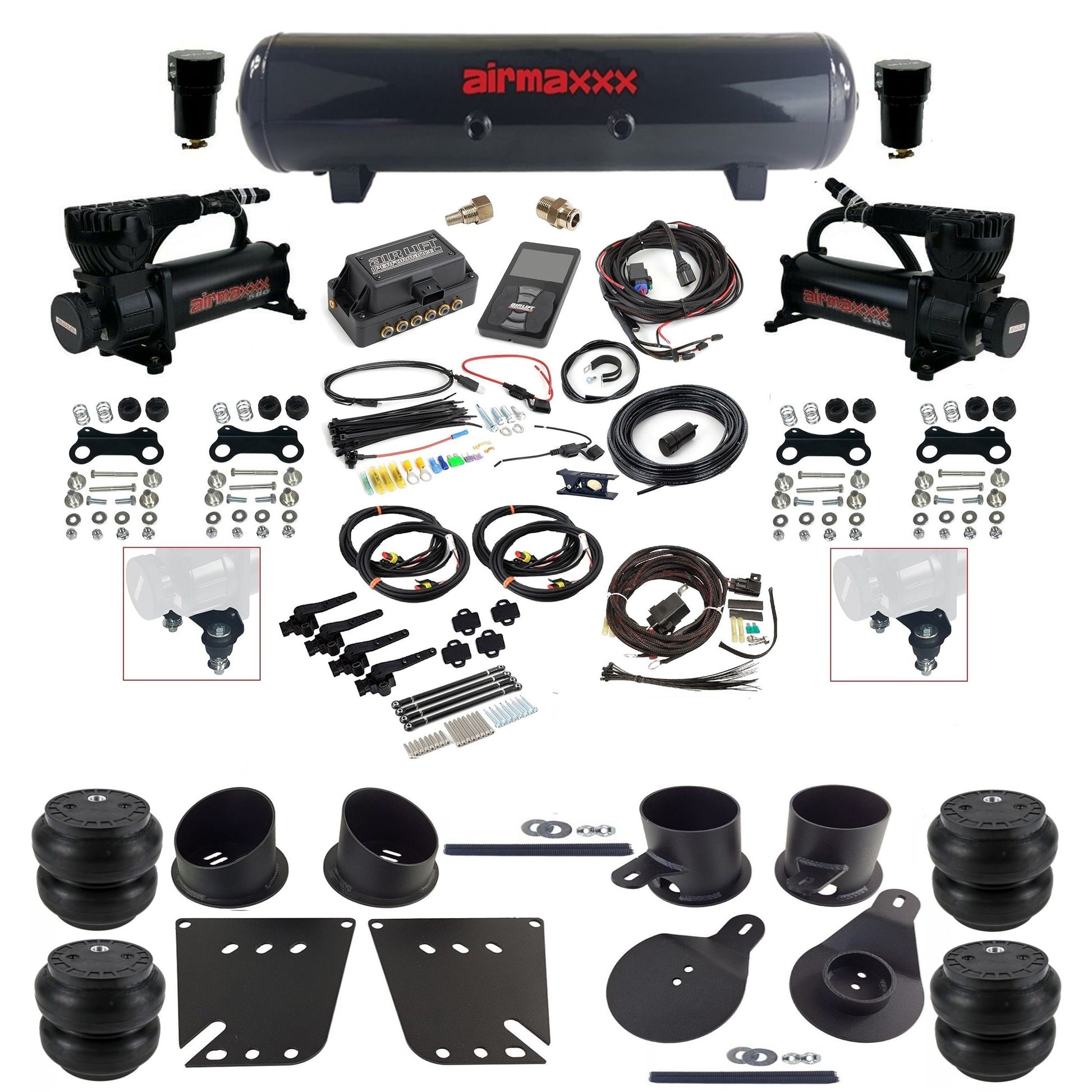 air lift 3h 27695 dual 580 black compressors steel tank slam bags & airmaxxx brackets air ride kit for 1958-64 chevy impala KIMP58-580B2-57S-27695-WK-3P2SS7