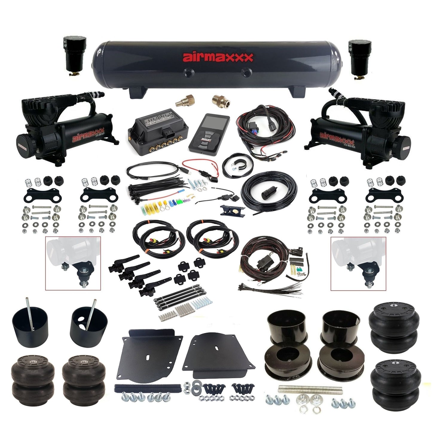 air lift 3h 27695 dual 580 black compressors steel tank slam bags & airmaxxx brackets air ride kit for 1964-72 gm a-body KABDY-580B2-57S-27695-WK-3P2SS6SS7