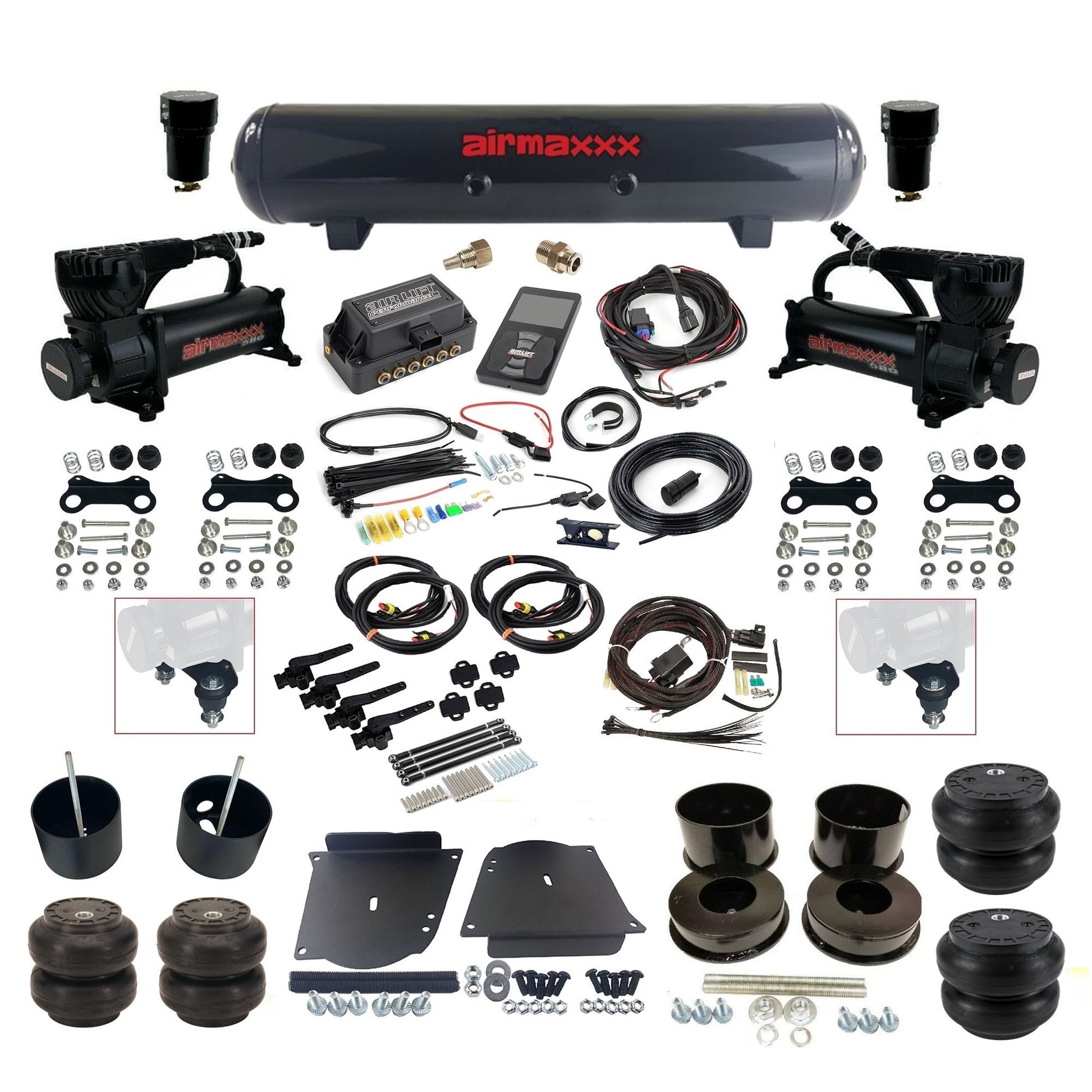 air lift 3h 27695 dual 580 black compressors steel tank slam bags & airmaxxx brackets air ride kit for 1964-72 gm a-body KABDY-580B2-57S-27695-WK-3P2SS6SS7