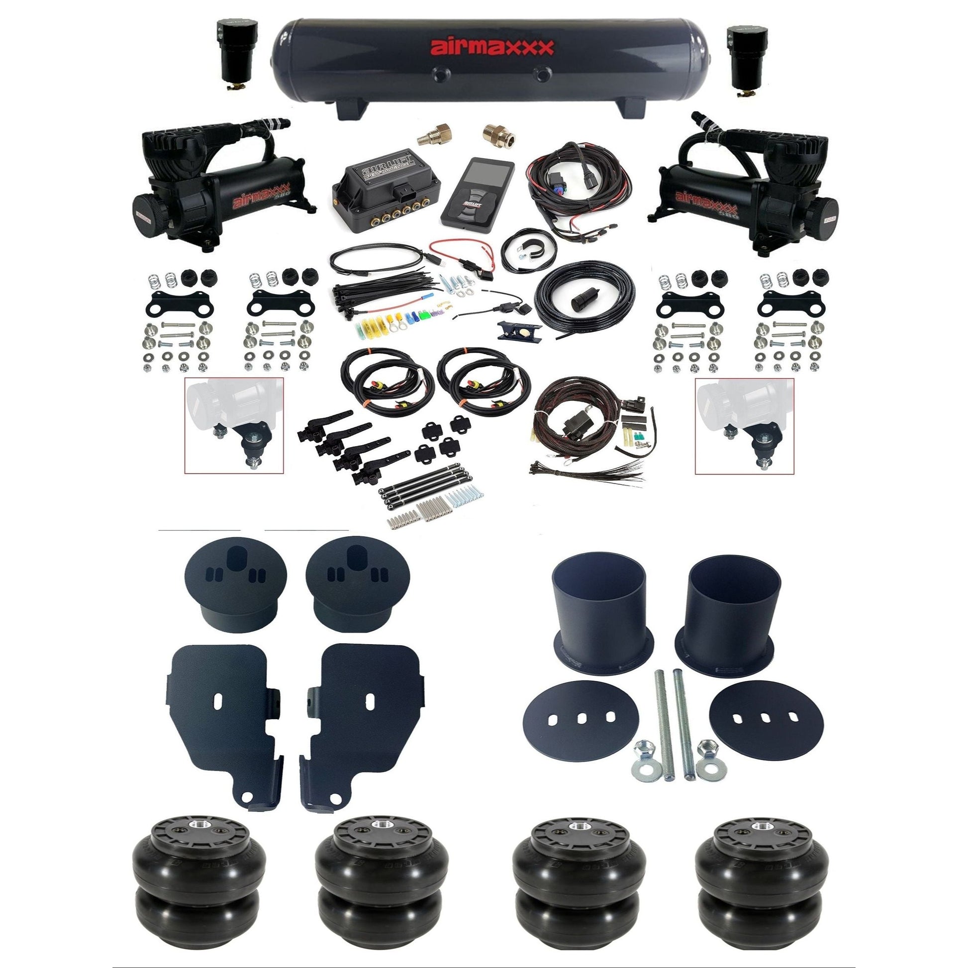air lift 3h 27695 dual 580 black compressors steel tank slam bags & airmaxxx brackets air ride kit for 1965-70 chevy impala KIMP65-580B2-57S-27695-WK-3P2SS6