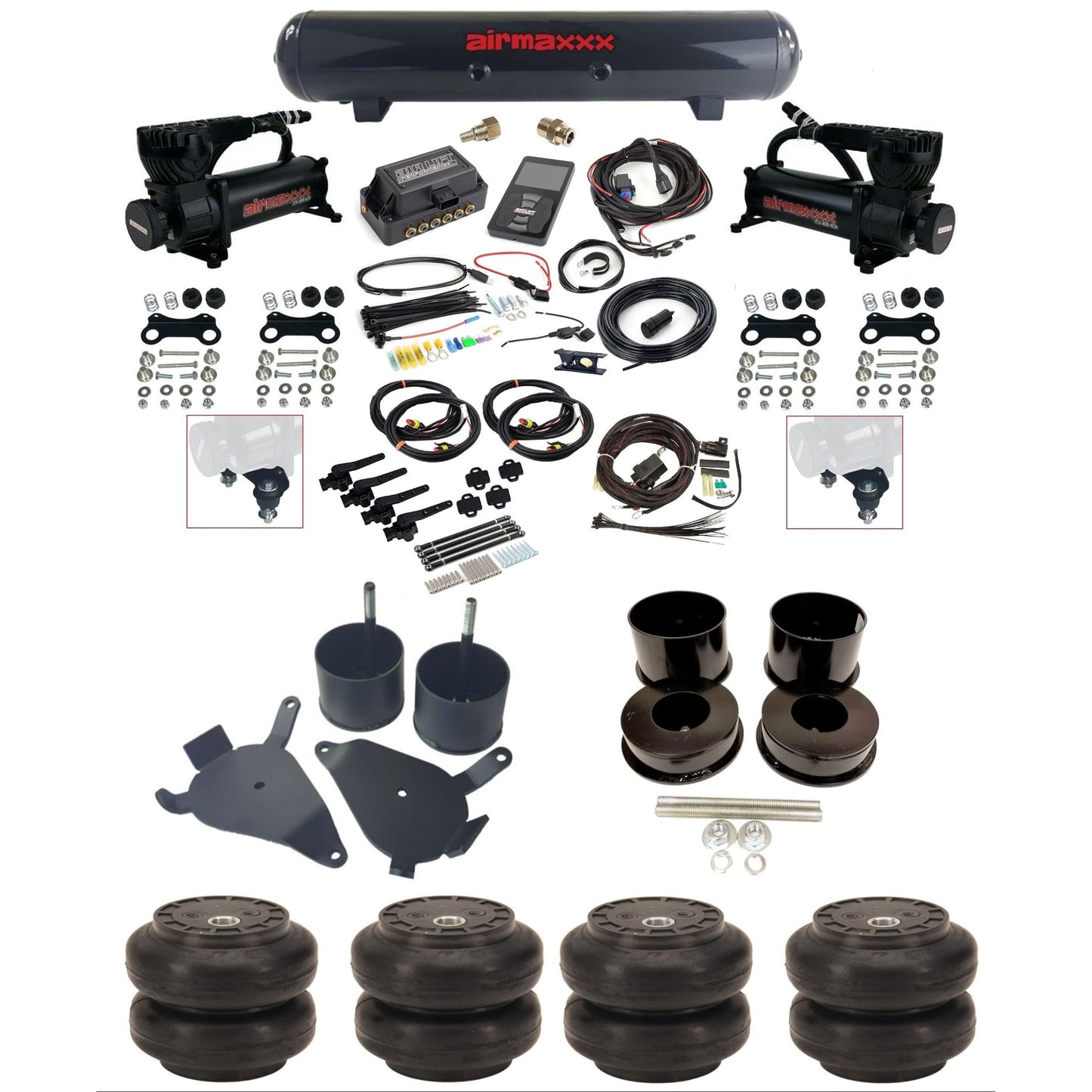 air lift 3h 27695 dual 580 black compressors steel tank slam bags & airmaxxx brackets air ride kit for 1978-88 gm g-body K-GBODY-580B2-27695-57S-WK-3P2SS6