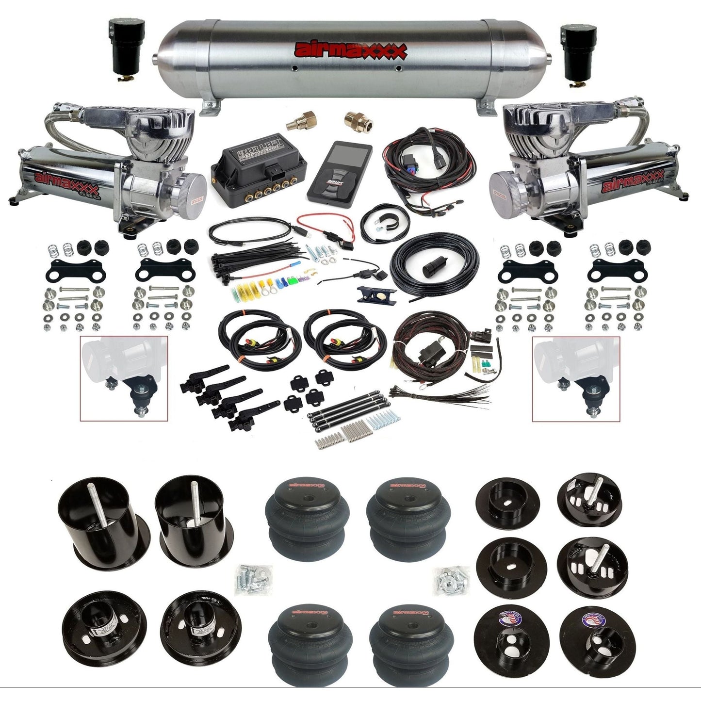 air lift 3h 27695 dual 580 chrome compressors raw aluminum tank 2600 bags & airmaxxx brackets air ride kit for 1965-70 cadillac KCAD65-580C2-57ARW-27695-WK-3P2
