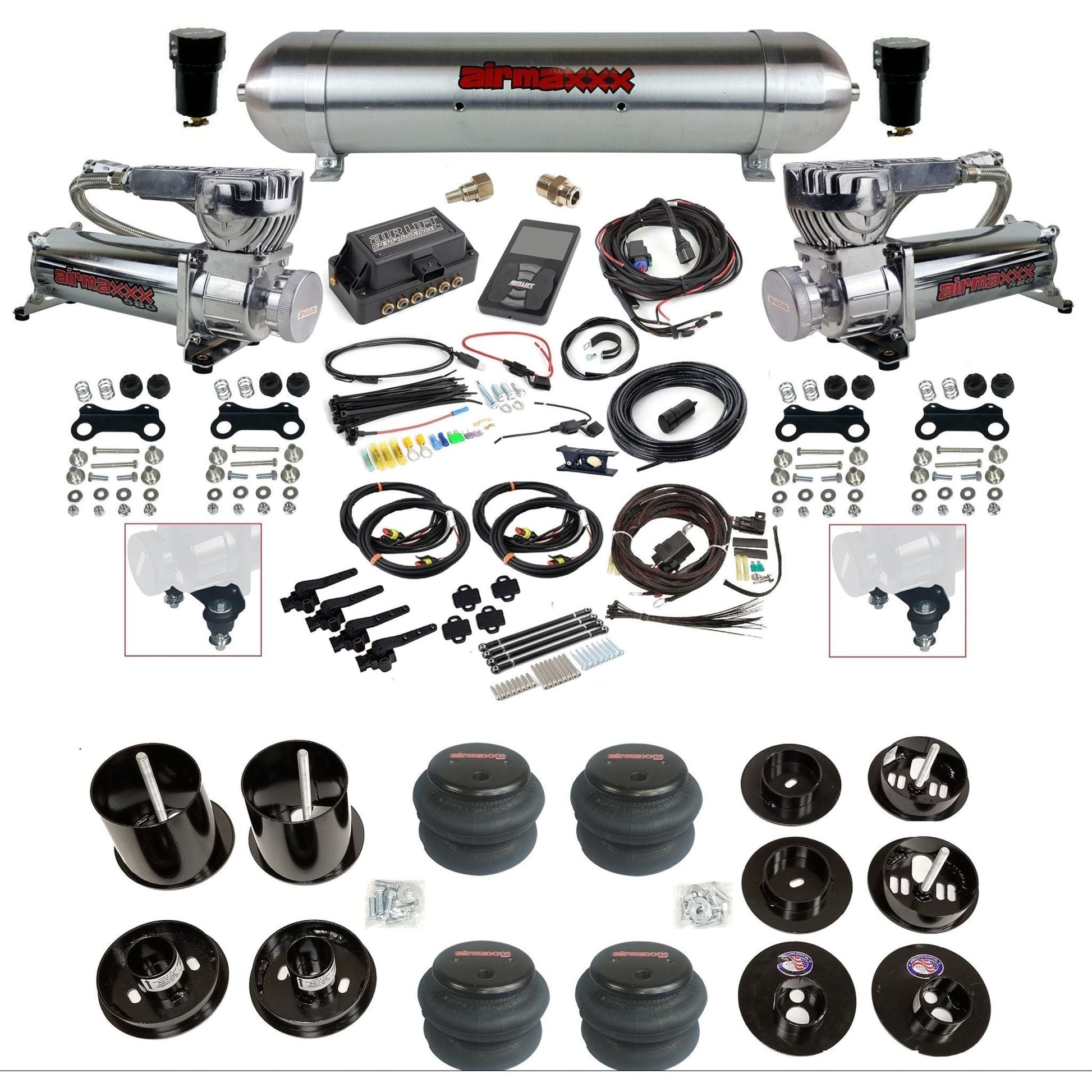 air lift 3h 27695 dual 580 chrome compressors raw aluminum tank 2600 bags & airmaxxx brackets air ride kit for 1965-70 cadillac KCAD65-580C2-57ARW-27695-WK-3P2