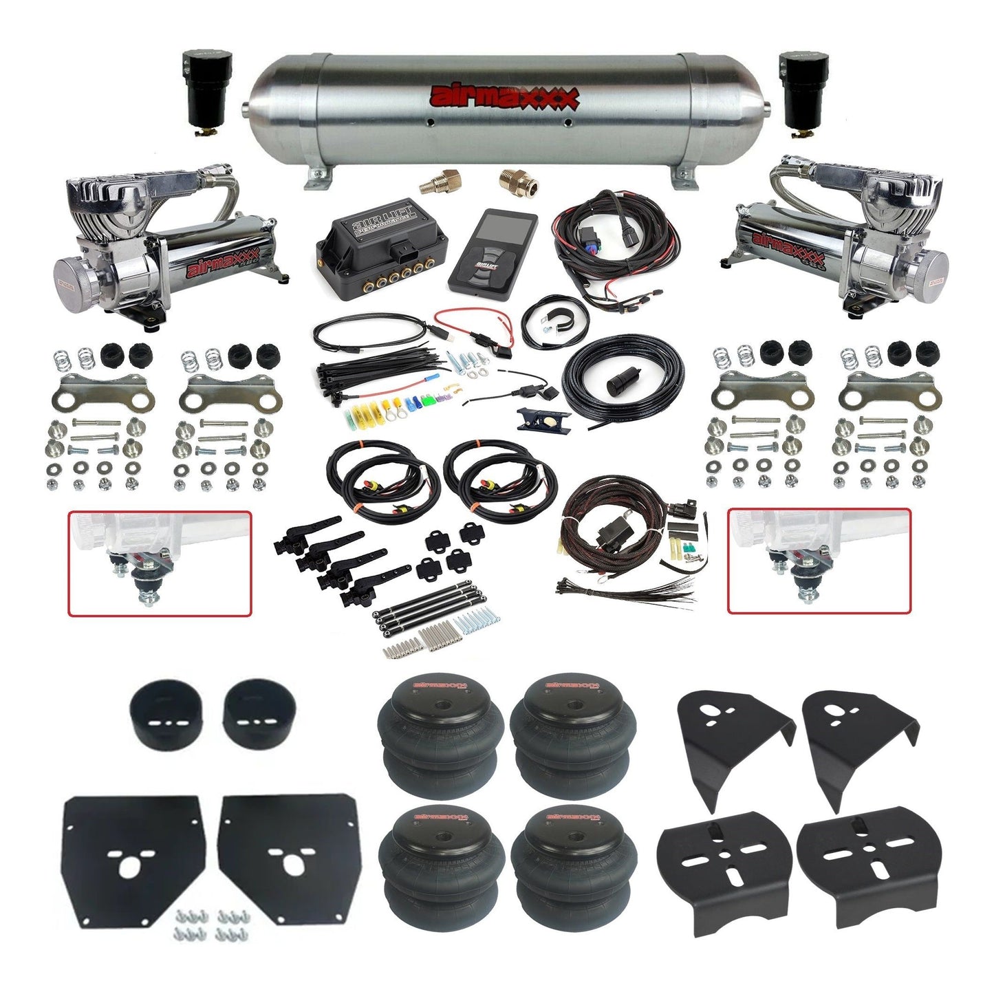 air lift 3h 27695 dual 580 chrome compressors raw aluminum tank 2600 bags & airmaxxx brackets air ride kit for 1973-87 chevy c10 KC1073-580C2-57ARAW-27695-WK-3P2