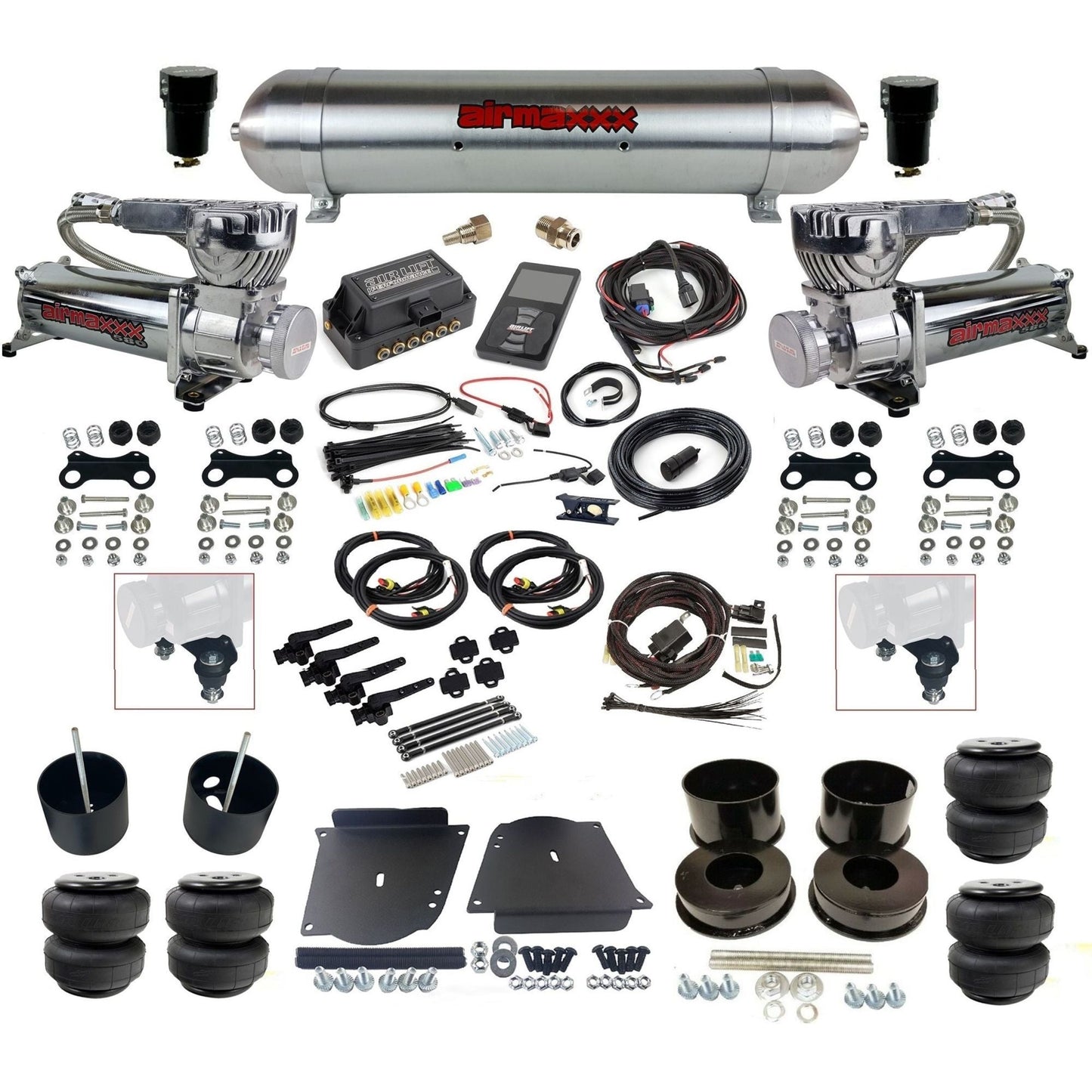 air lift 3h 27695 dual 580 chrome compressors raw aluminum tank airlift bags & airmaxxx brackets air ride kit fits 1964-72 gm a-body KABDY-580C2-57ARW-27695-WK-3P2D25